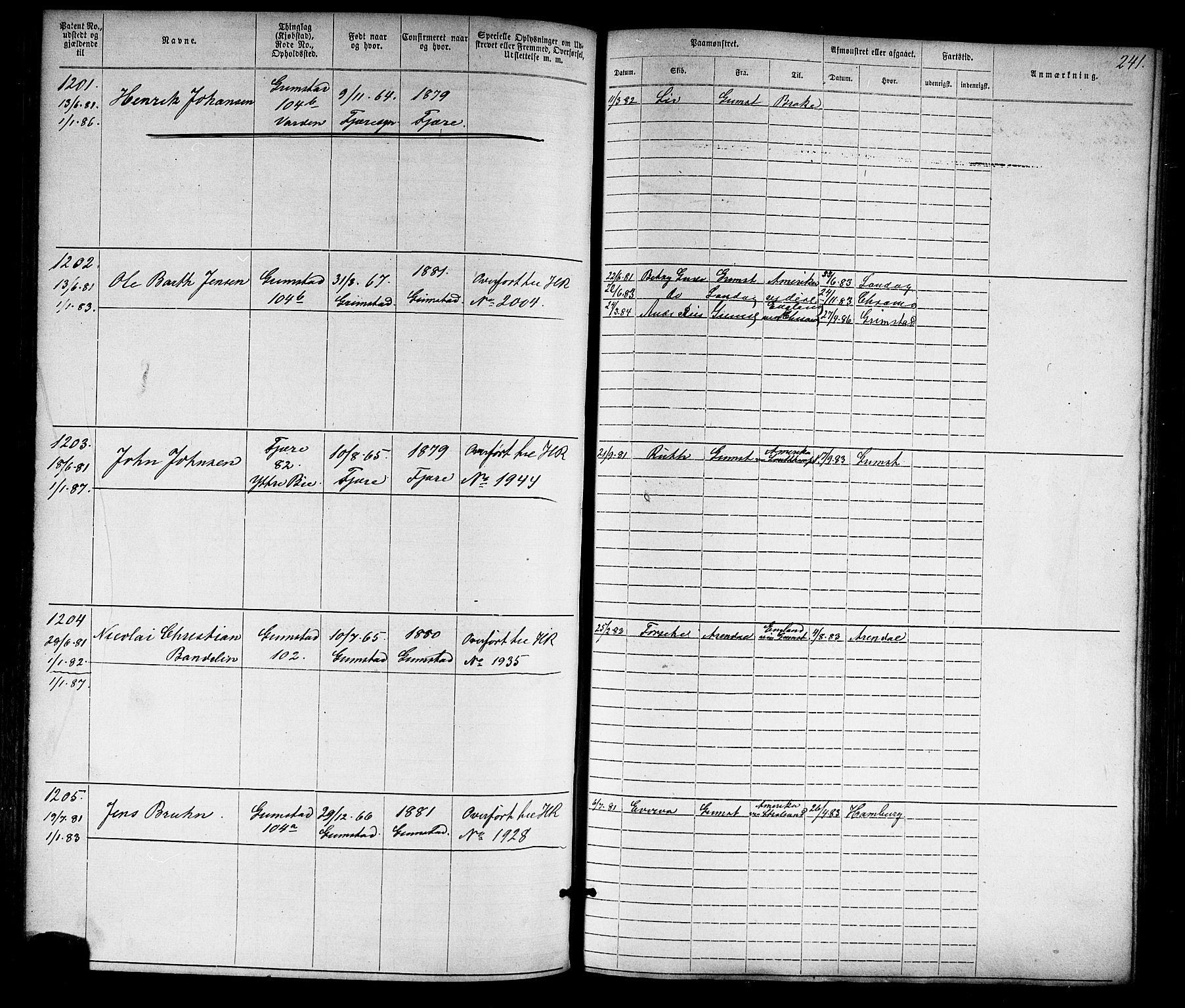 Grimstad mønstringskrets, SAK/2031-0013/F/Fa/L0005: Annotasjonsrulle nr 1-1910 med register, V-18, 1870-1892, p. 274