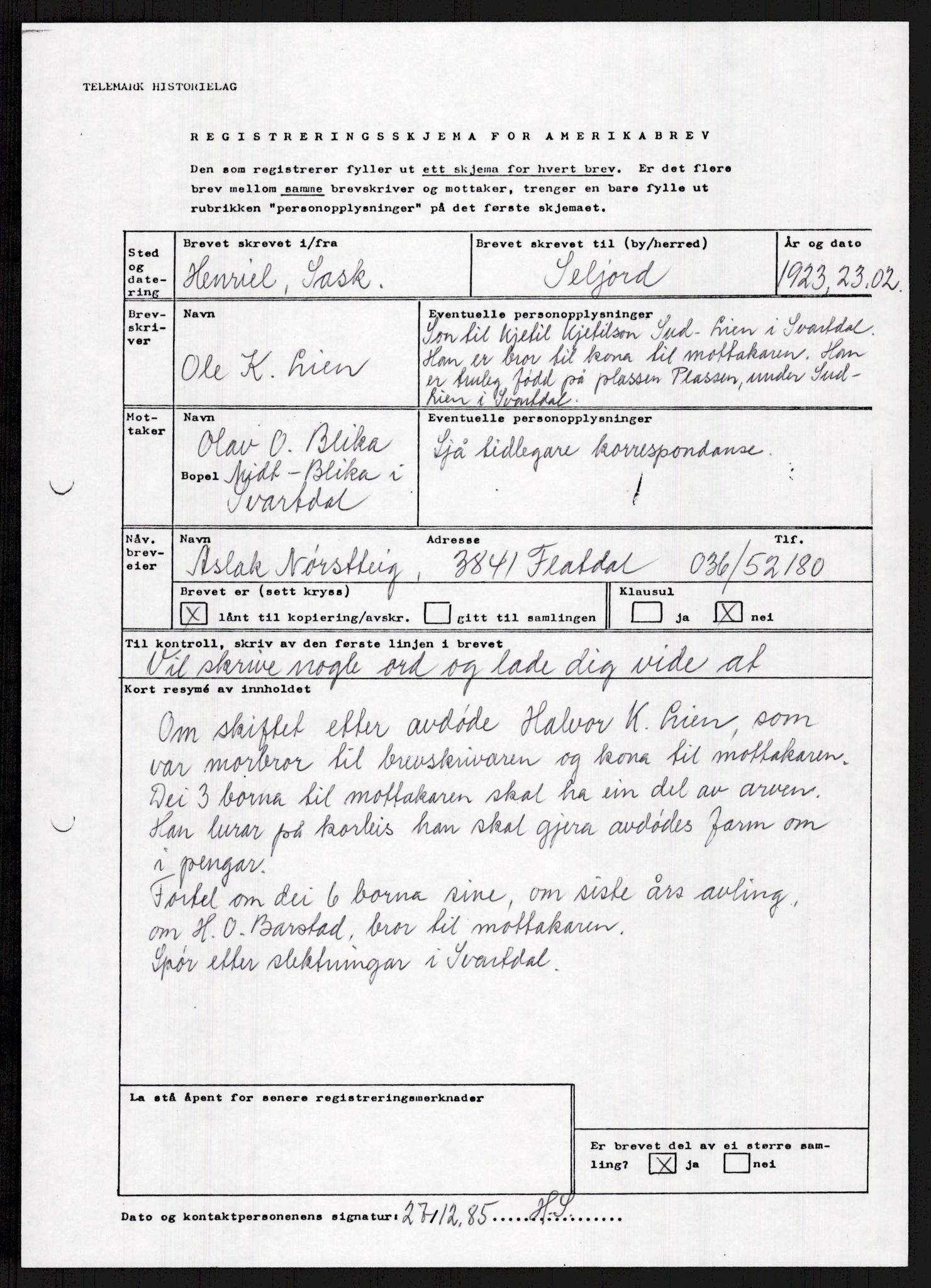 Samlinger til kildeutgivelse, Amerikabrevene, AV/RA-EA-4057/F/L0024: Innlån fra Telemark: Gunleiksrud - Willard, 1838-1914, p. 267