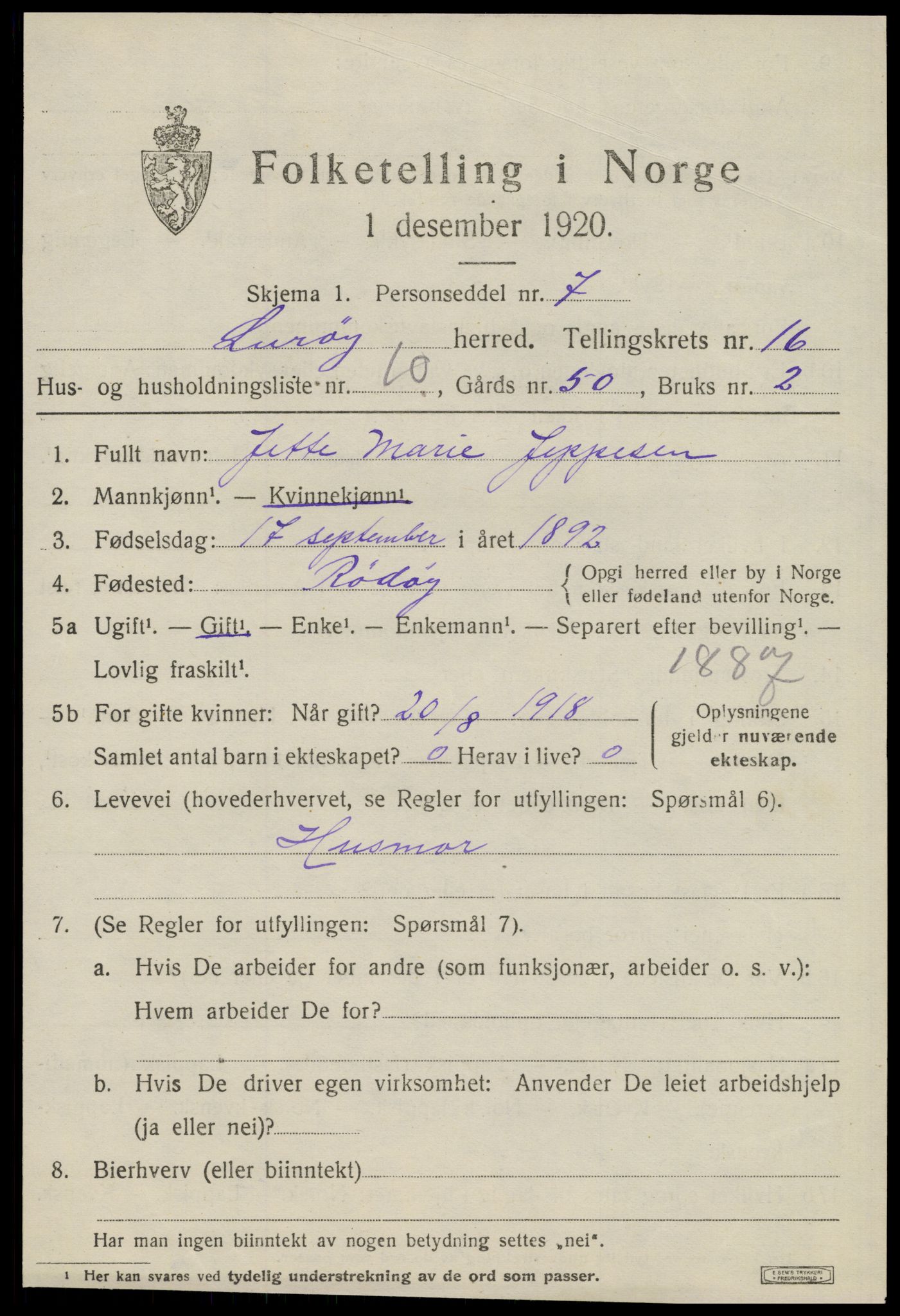 SAT, 1920 census for Lurøy, 1920, p. 5981