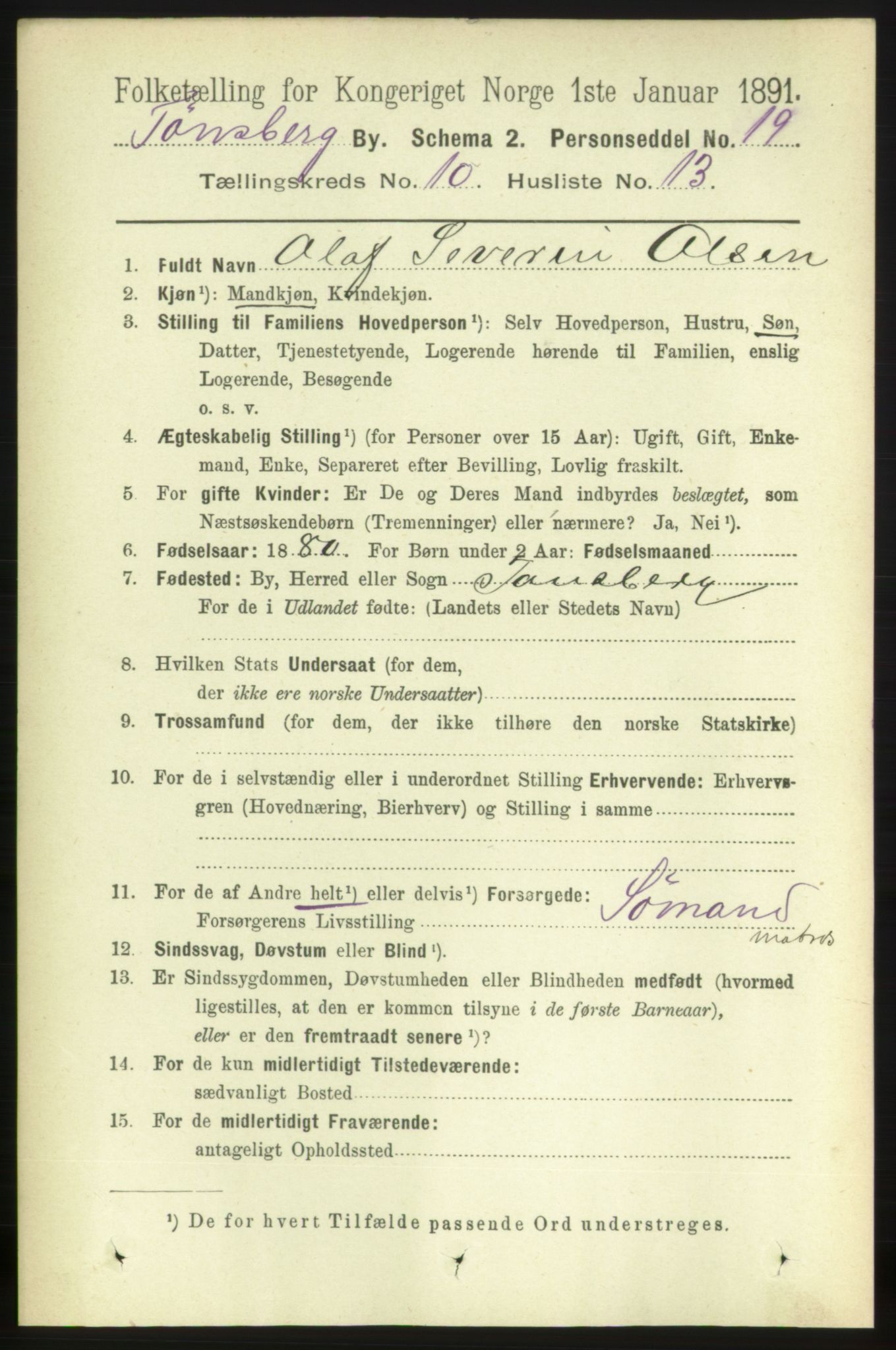 RA, 1891 census for 0705 Tønsberg, 1891, p. 3779