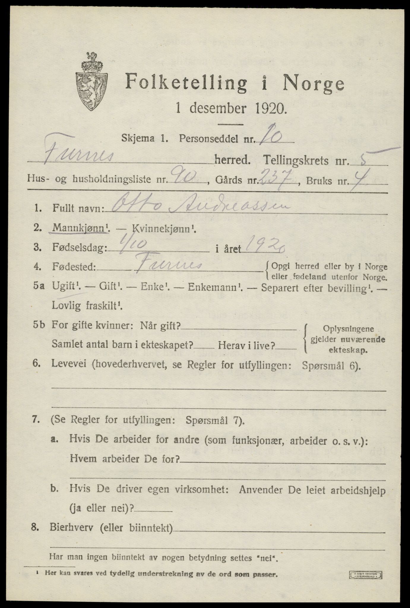 SAH, 1920 census for Furnes, 1920, p. 8145