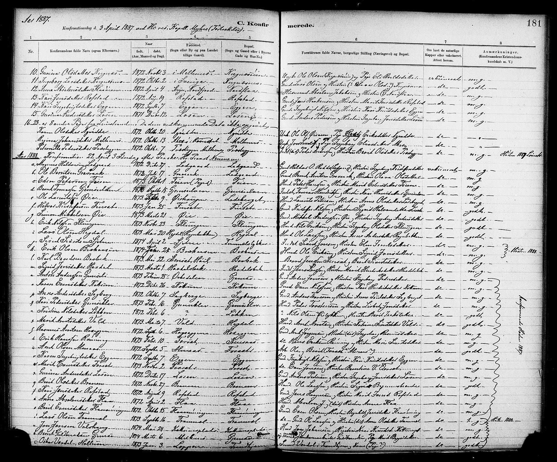 Ministerialprotokoller, klokkerbøker og fødselsregistre - Sør-Trøndelag, SAT/A-1456/691/L1094: Parish register (copy) no. 691C05, 1879-1911, p. 181