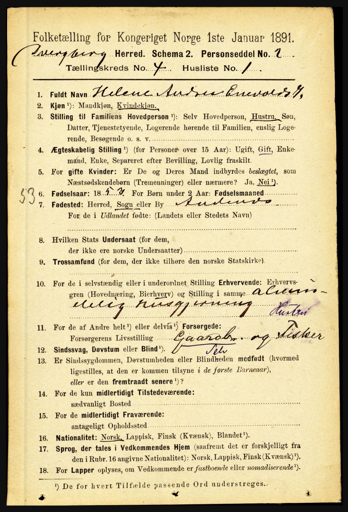 RA, 1891 census for 1872 Dverberg, 1891, p. 1276