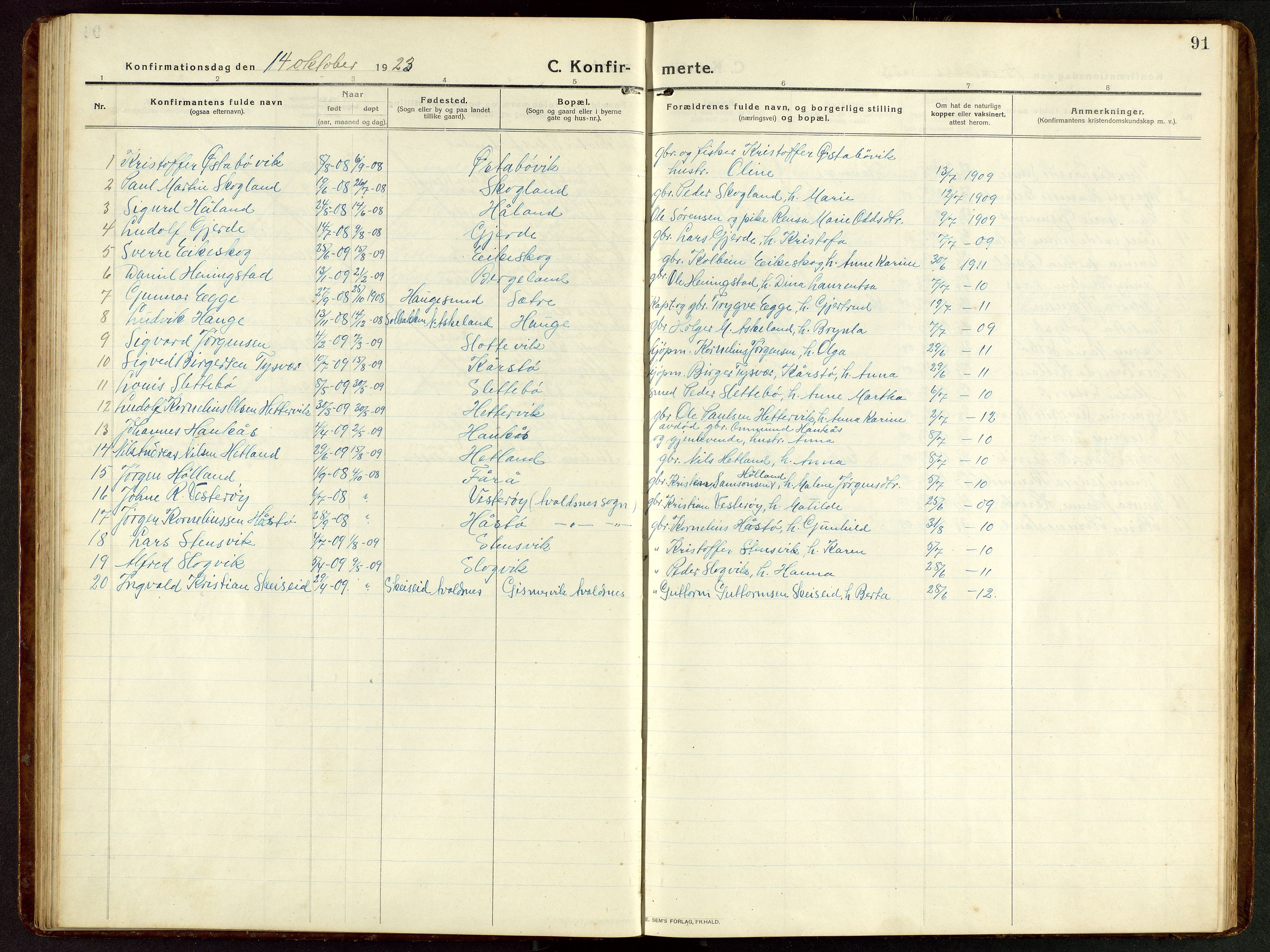 Tysvær sokneprestkontor, AV/SAST-A -101864/H/Ha/Hab/L0011: Parish register (copy) no. B 11, 1913-1946, p. 91