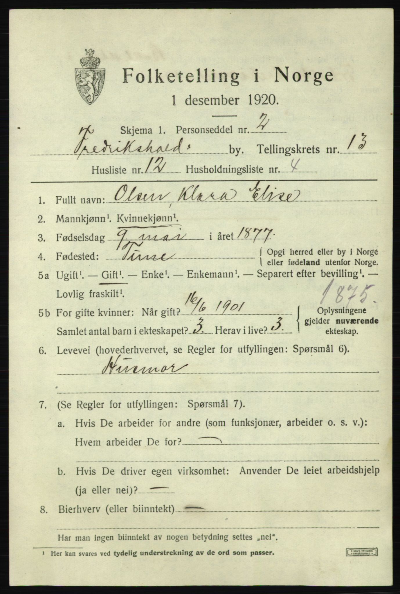 SAO, 1920 census for Fredrikshald, 1920, p. 20888