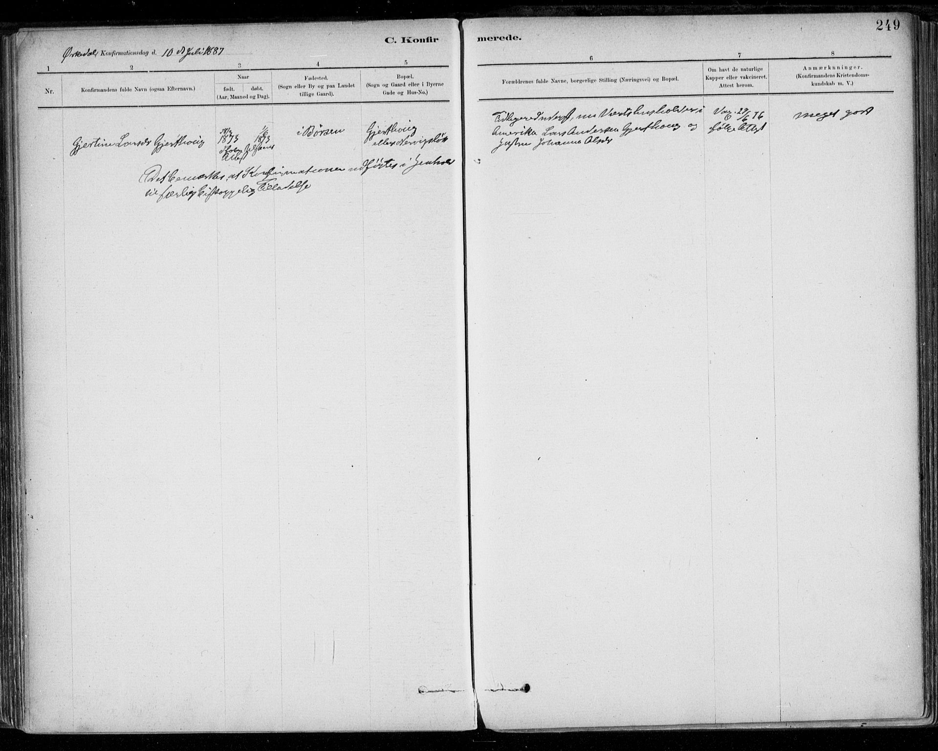 Ministerialprotokoller, klokkerbøker og fødselsregistre - Sør-Trøndelag, AV/SAT-A-1456/668/L0809: Parish register (official) no. 668A09, 1881-1895, p. 249