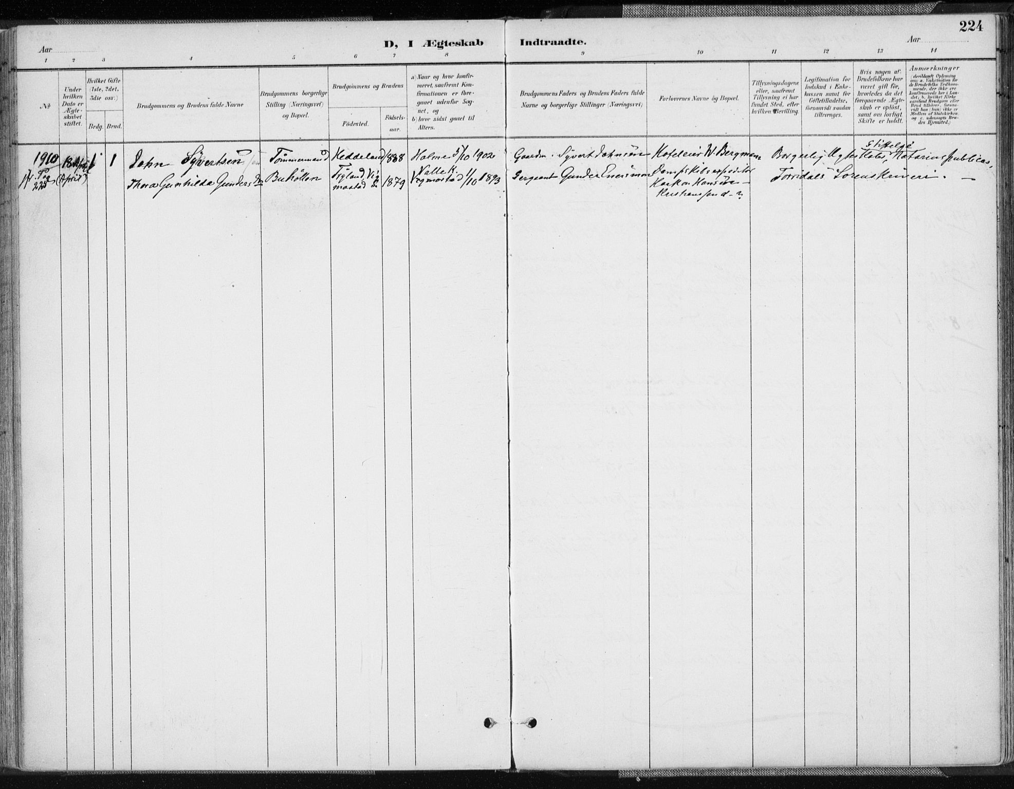 Sør-Audnedal sokneprestkontor, SAK/1111-0039/F/Fa/Fab/L0010: Parish register (official) no. A 10, 1892-1913, p. 224