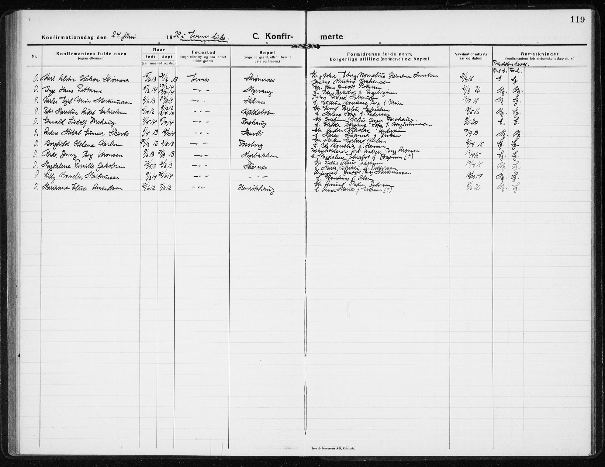 Ministerialprotokoller, klokkerbøker og fødselsregistre - Nordland, AV/SAT-A-1459/869/L0975: Parish register (copy) no. 869C01, 1923-1939, p. 119