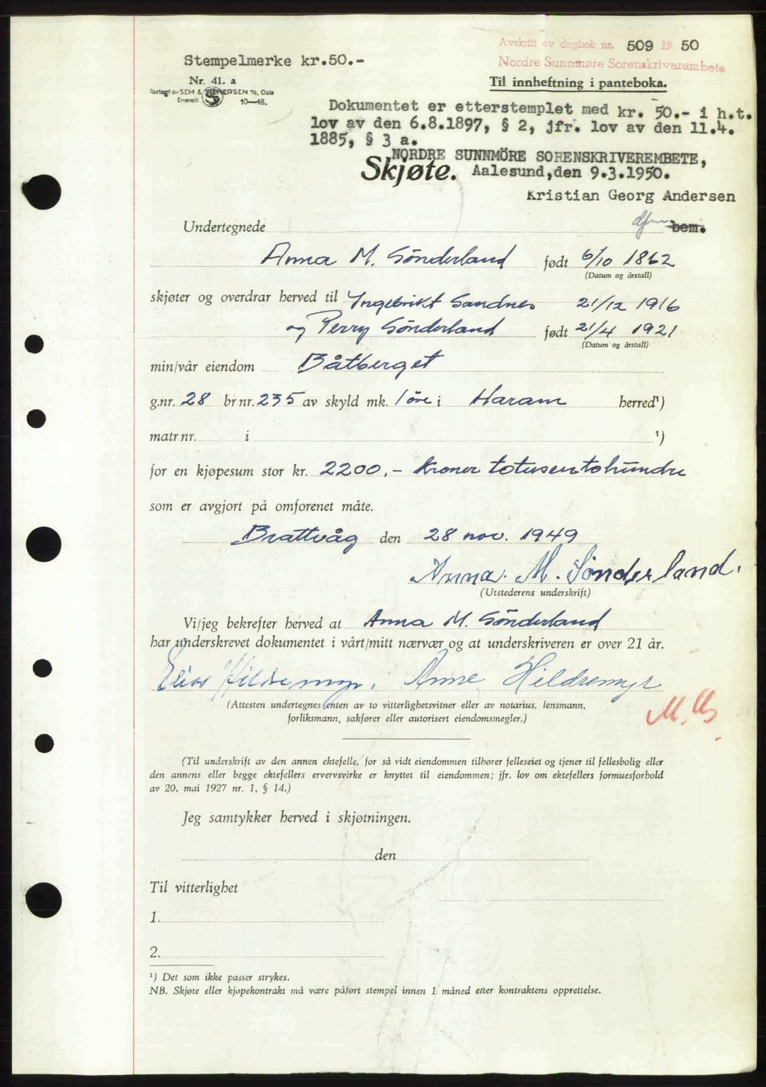 Nordre Sunnmøre sorenskriveri, AV/SAT-A-0006/1/2/2C/2Ca: Mortgage book no. A33, 1949-1950, Diary no: : 509/1950