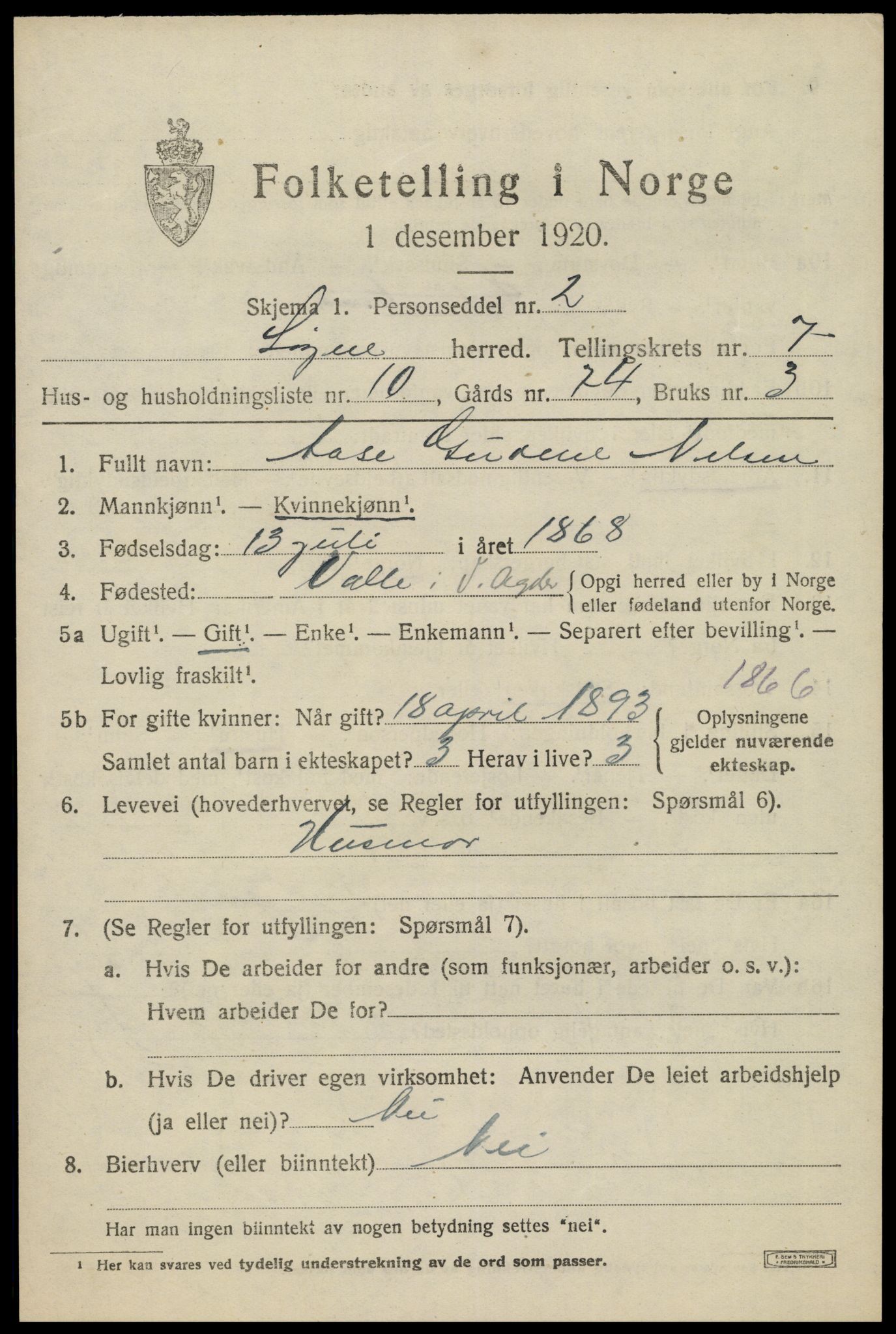 SAK, 1920 census for Søgne, 1920, p. 3571