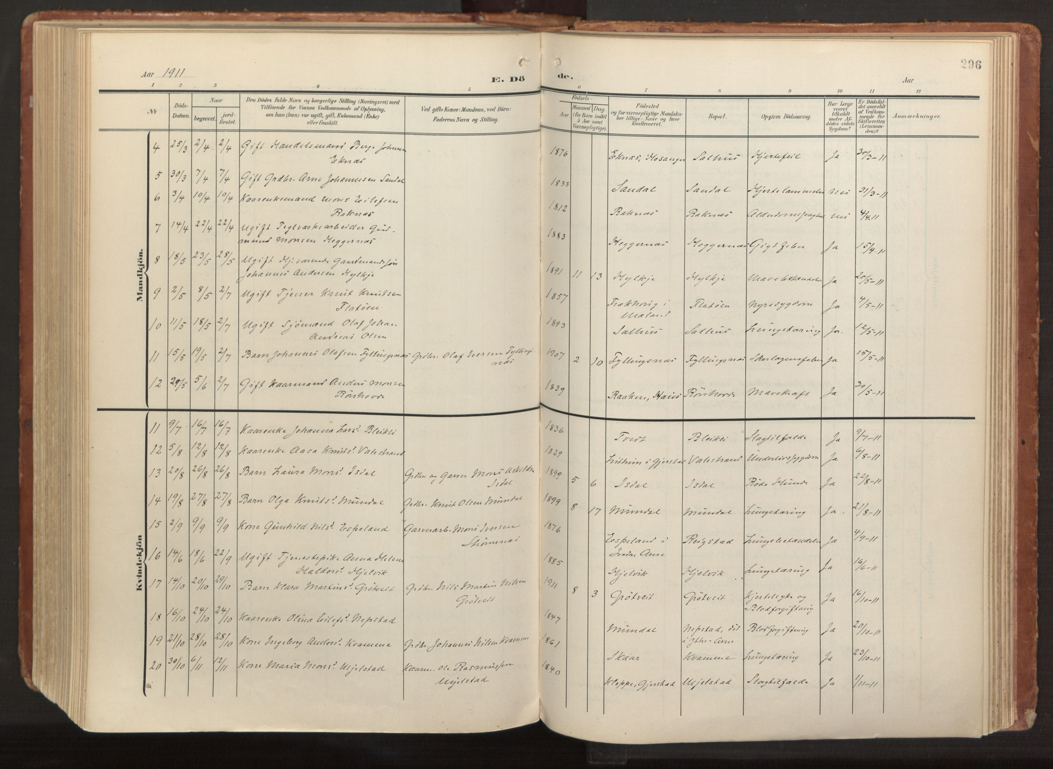 Hamre sokneprestembete, AV/SAB-A-75501/H/Ha/Haa/Haab/L0002: Parish register (official) no. B 2, 1905-1924, p. 296