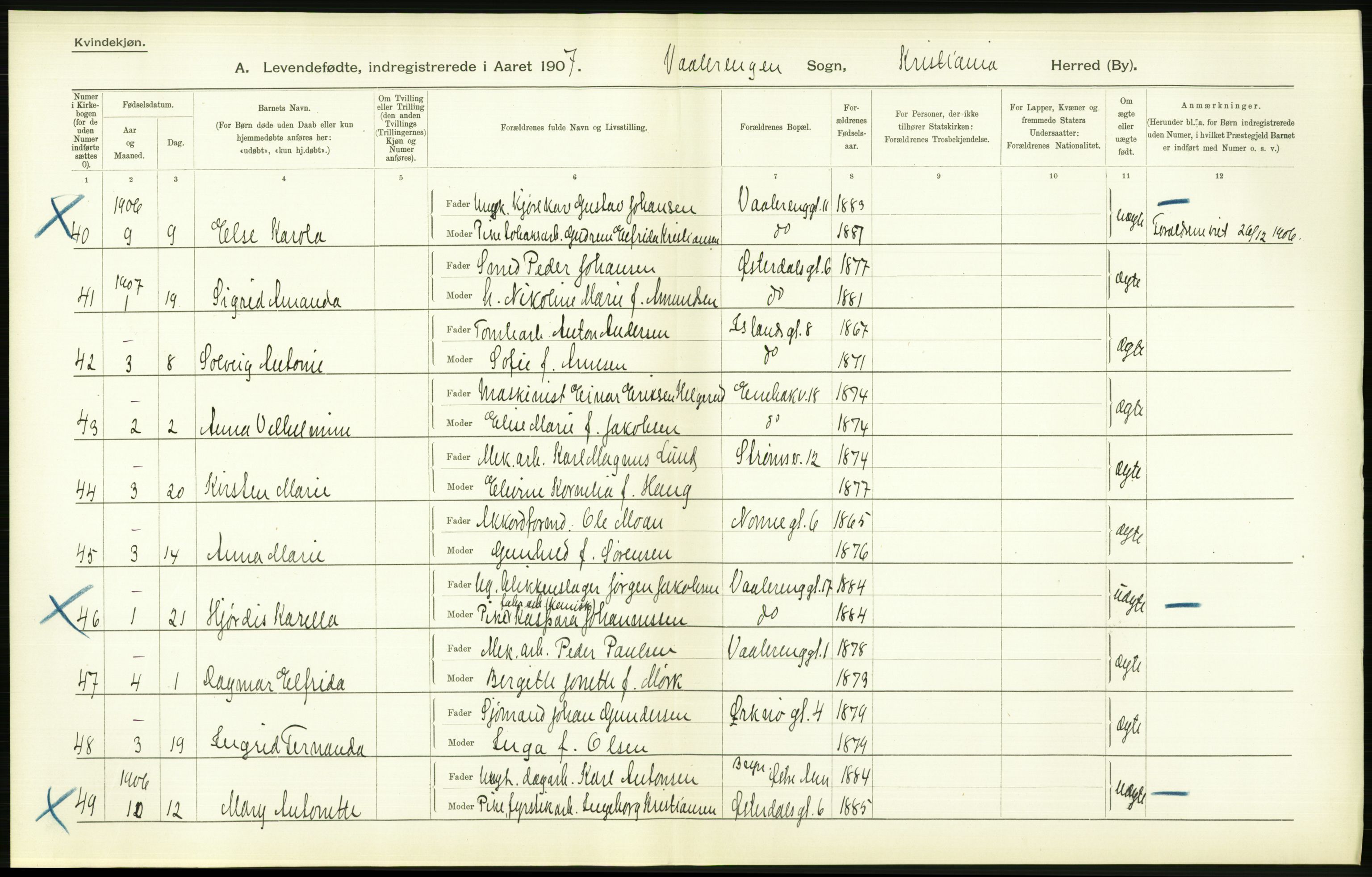 Statistisk sentralbyrå, Sosiodemografiske emner, Befolkning, AV/RA-S-2228/D/Df/Dfa/Dfae/L0007: Kristiania: Levendefødte menn og kvinner., 1907, p. 570