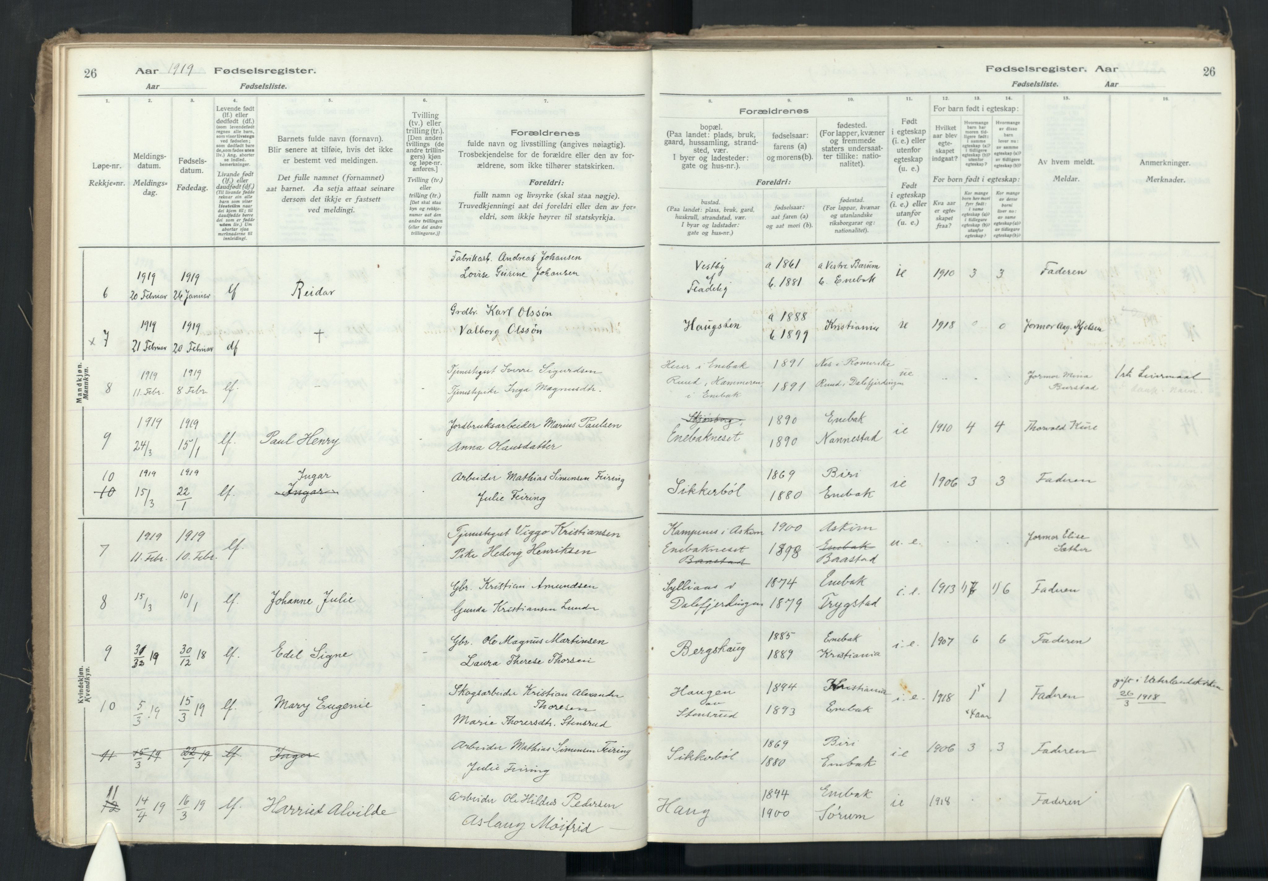 Enebakk prestekontor Kirkebøker, AV/SAO-A-10171c/J/Ja/L0001: Birth register no. I 1, 1916-1948, p. 26