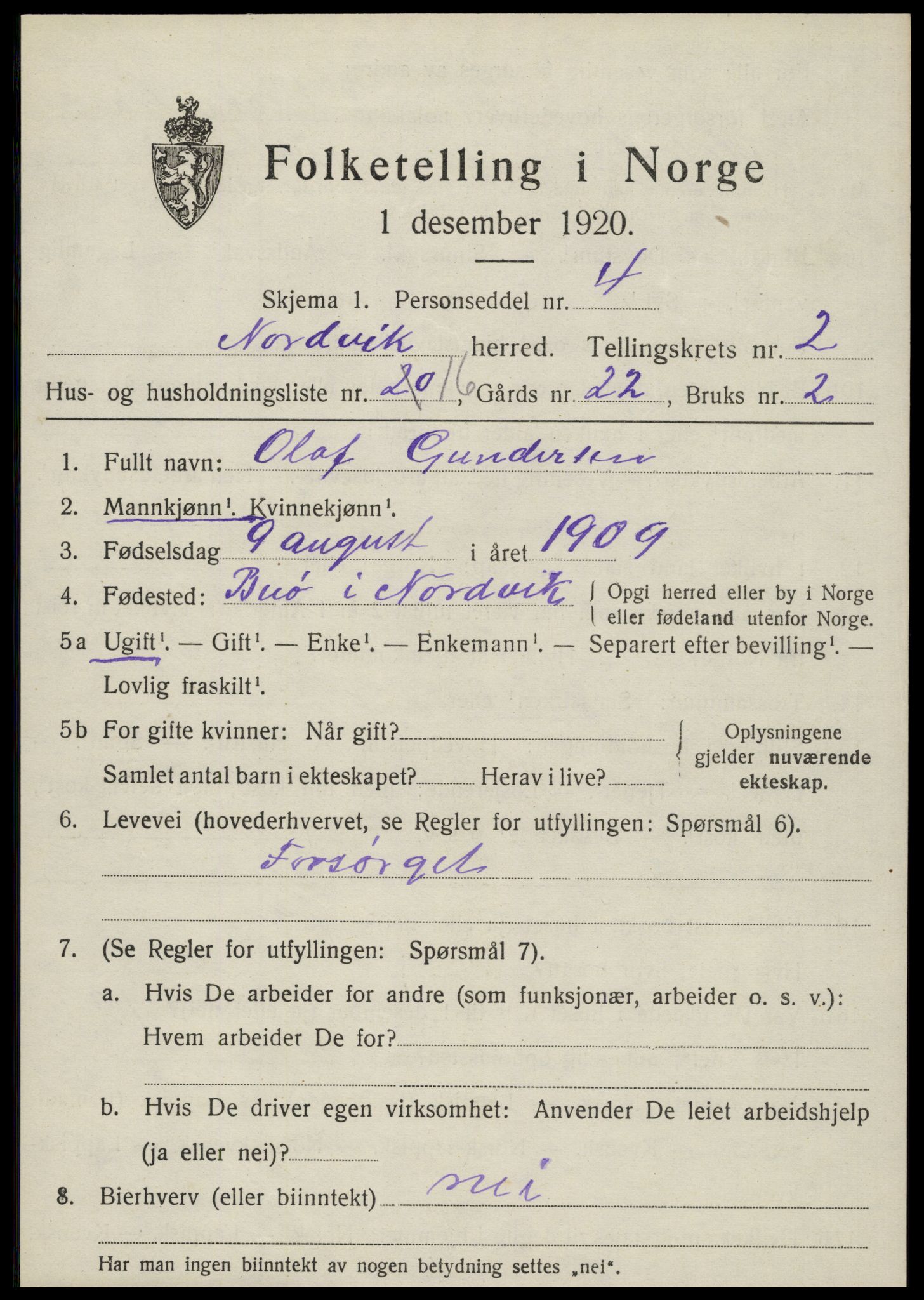 SAT, 1920 census for Nordvik, 1920, p. 1256