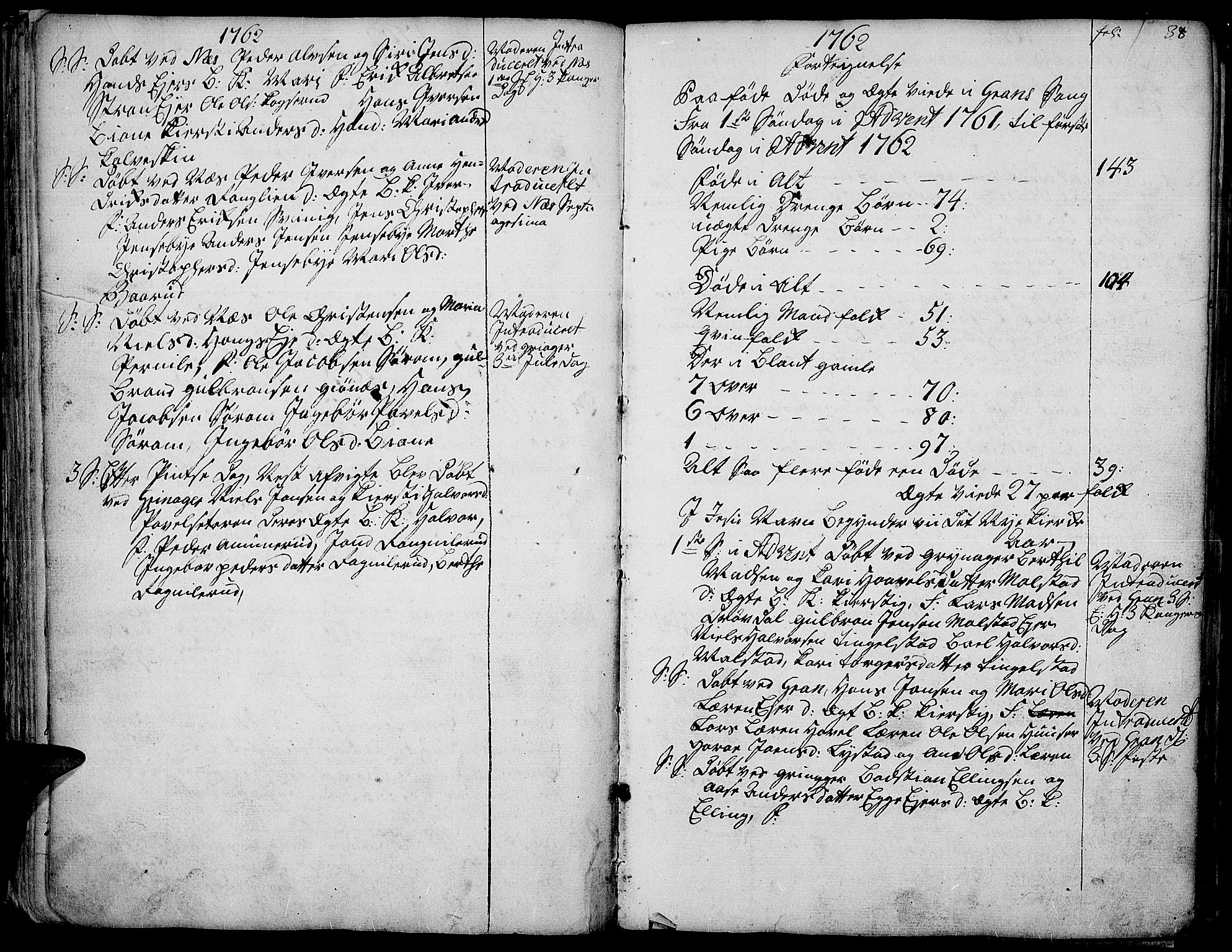 Gran prestekontor, SAH/PREST-112/H/Ha/Haa/L0004: Parish register (official) no. 4, 1759-1775, p. 38