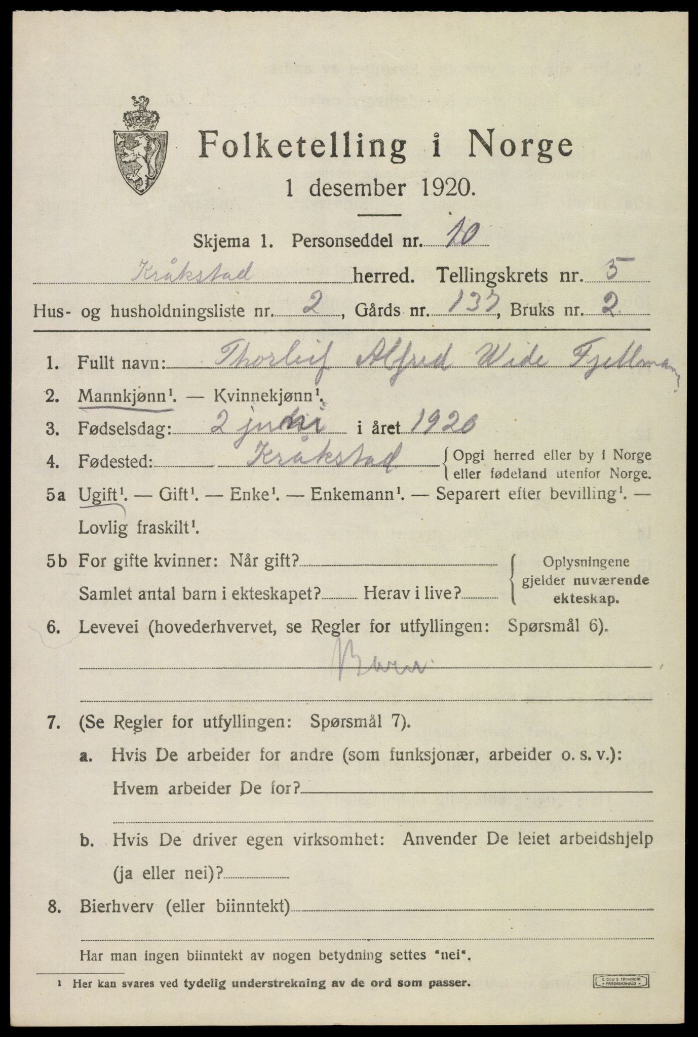 SAO, 1920 census for Kråkstad, 1920, p. 4833