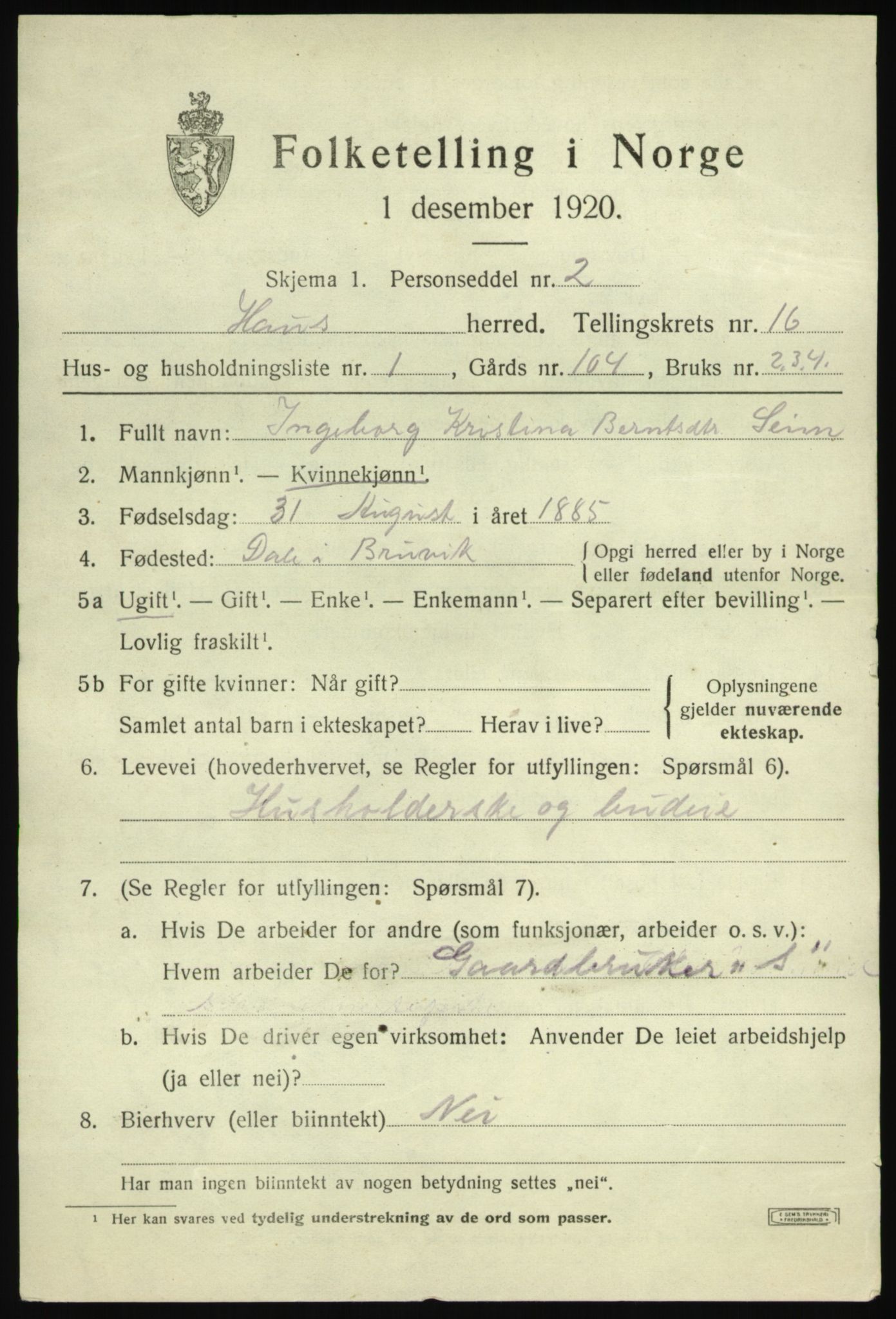 SAB, 1920 census for Haus, 1920, p. 10376