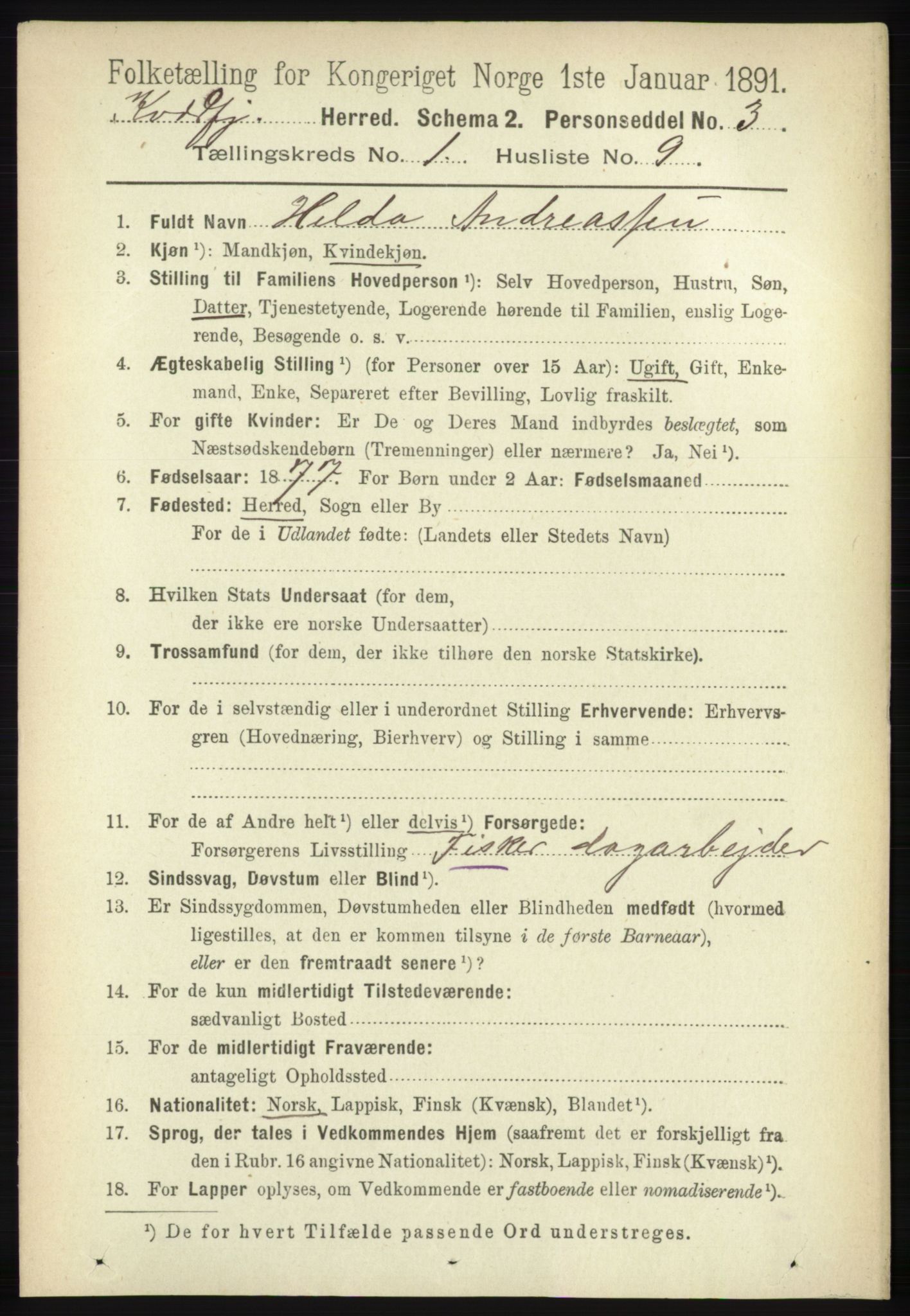 RA, 1891 census for 1911 Kvæfjord, 1891, p. 156