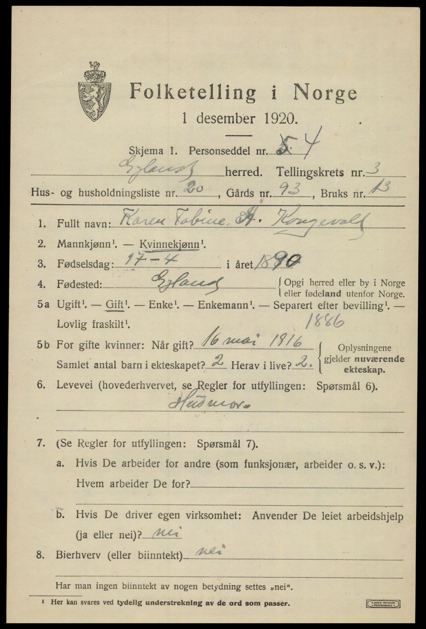 SAK, 1920 census for Gyland, 1920, p. 996