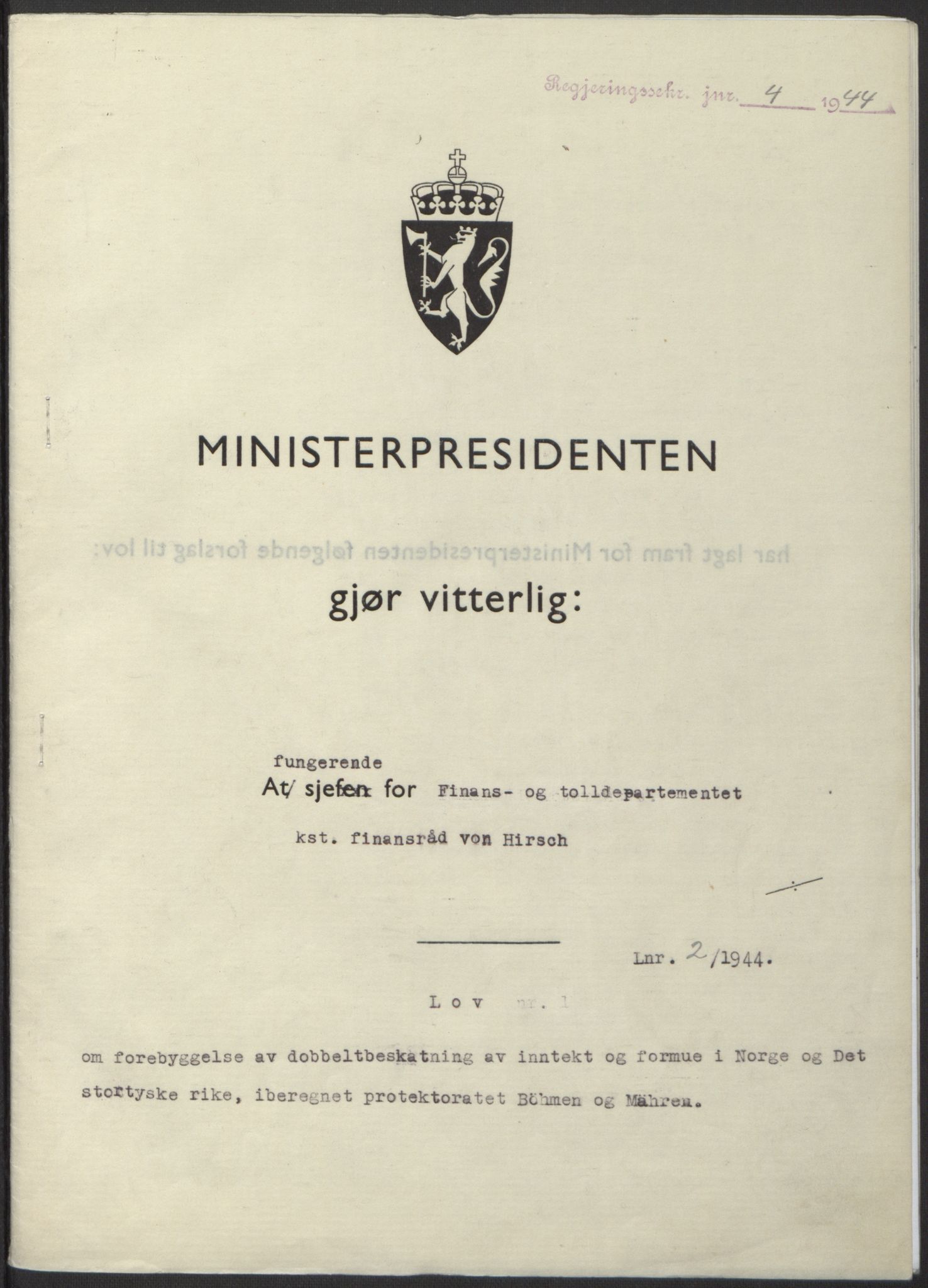 NS-administrasjonen 1940-1945 (Statsrådsekretariatet, de kommisariske statsråder mm), AV/RA-S-4279/D/Db/L0100: Lover, 1944, p. 3