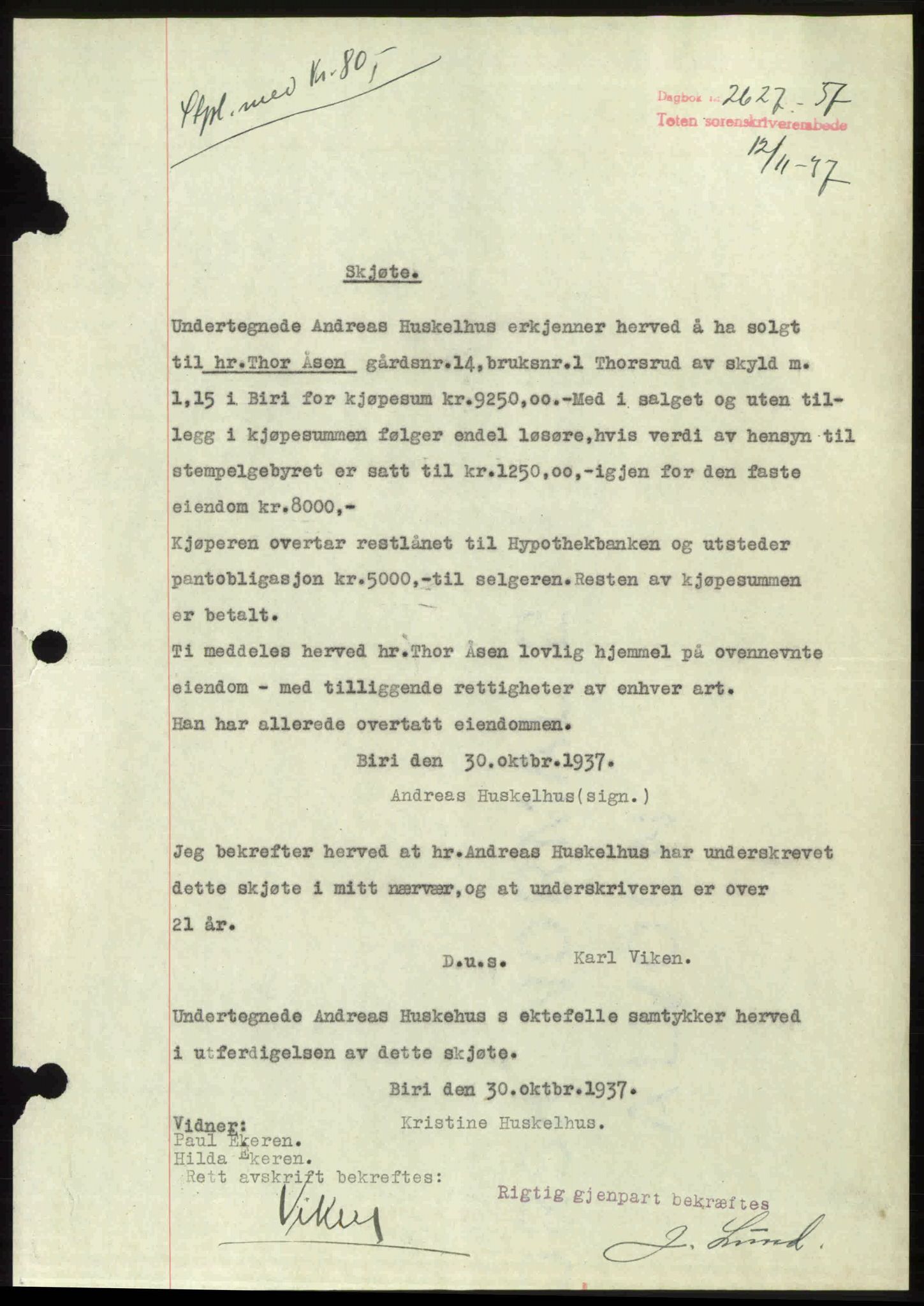 Toten tingrett, SAH/TING-006/H/Hb/Hbc/L0003: Mortgage book no. Hbc-03, 1937-1938, Diary no: : 2627/1937
