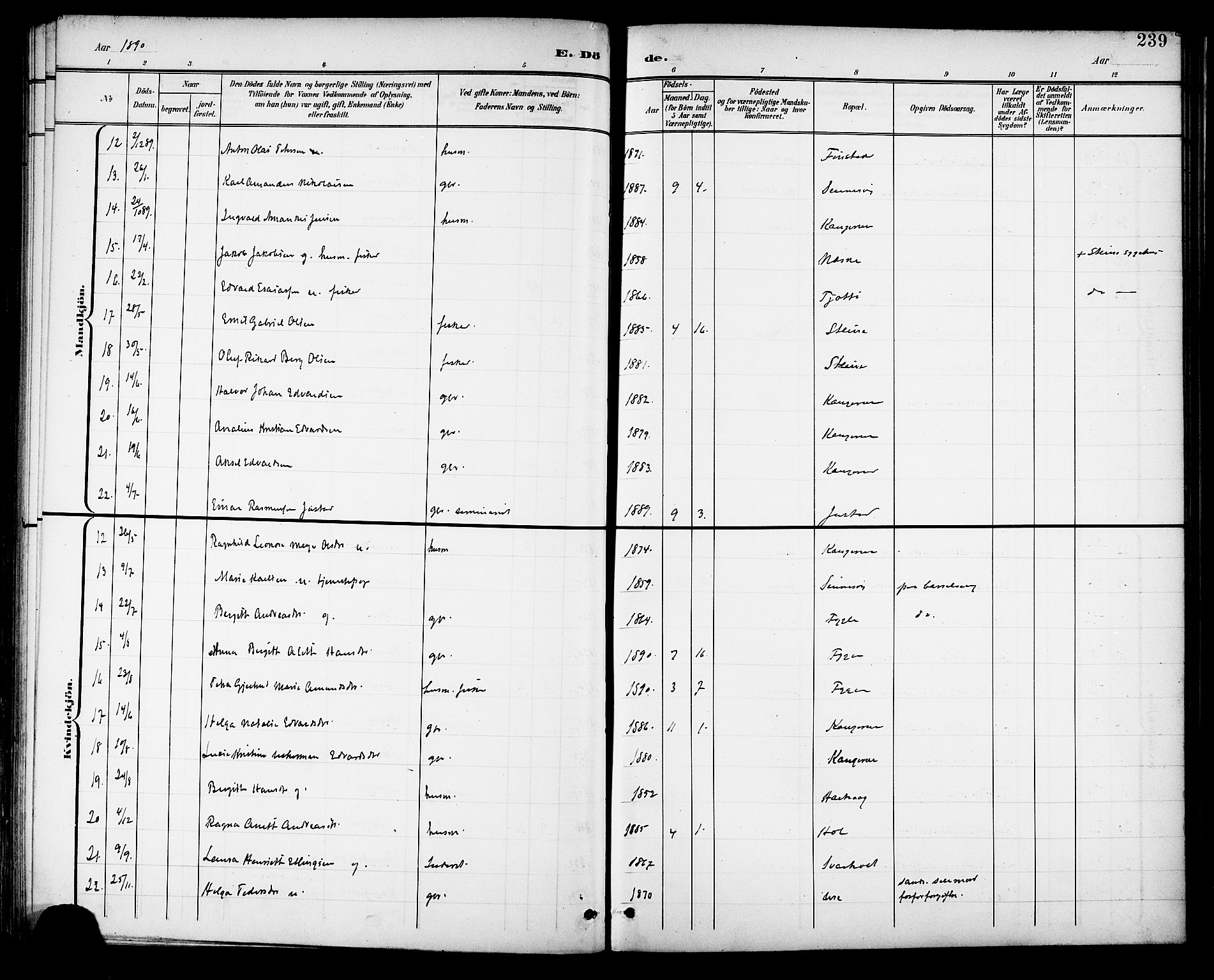 Ministerialprotokoller, klokkerbøker og fødselsregistre - Nordland, SAT/A-1459/882/L1179: Parish register (official) no. 882A01, 1886-1898, p. 239