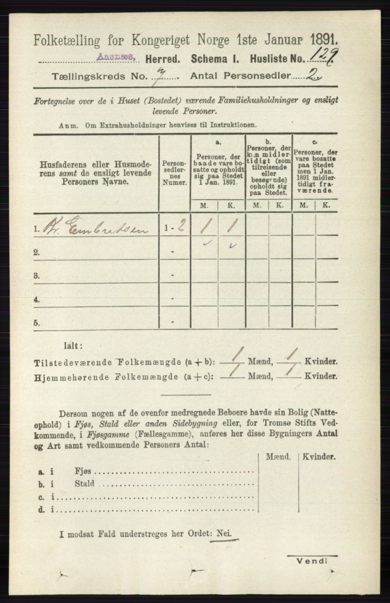 RA, 1891 census for 0425 Åsnes, 1891, p. 3365