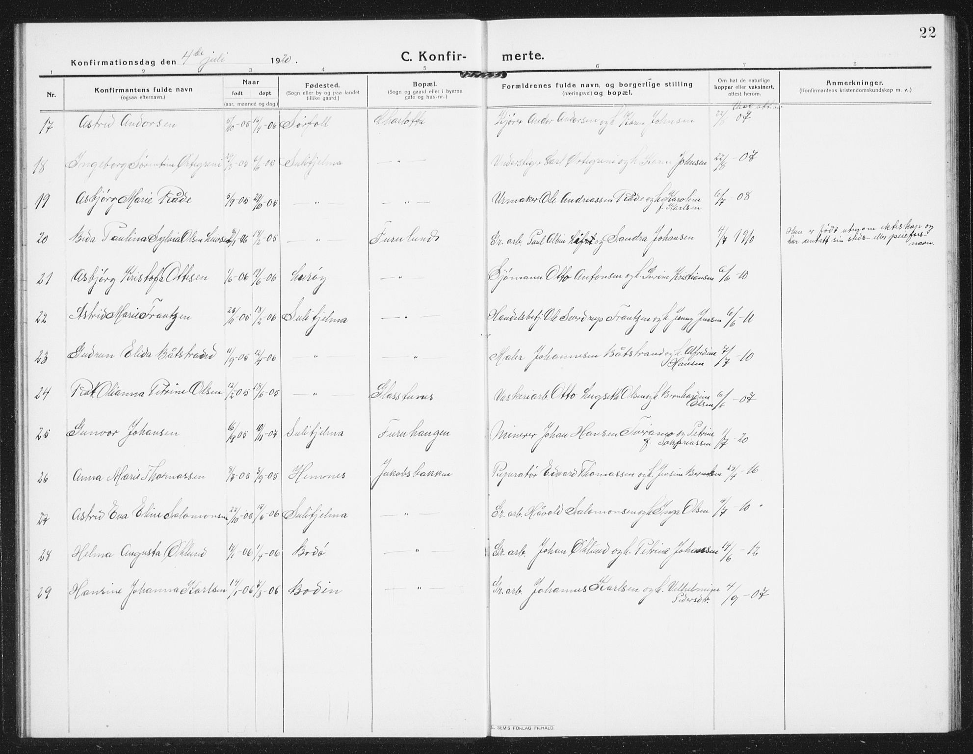 Ministerialprotokoller, klokkerbøker og fødselsregistre - Nordland, SAT/A-1459/850/L0717: Parish register (copy) no. 850C01, 1915-1941, p. 22