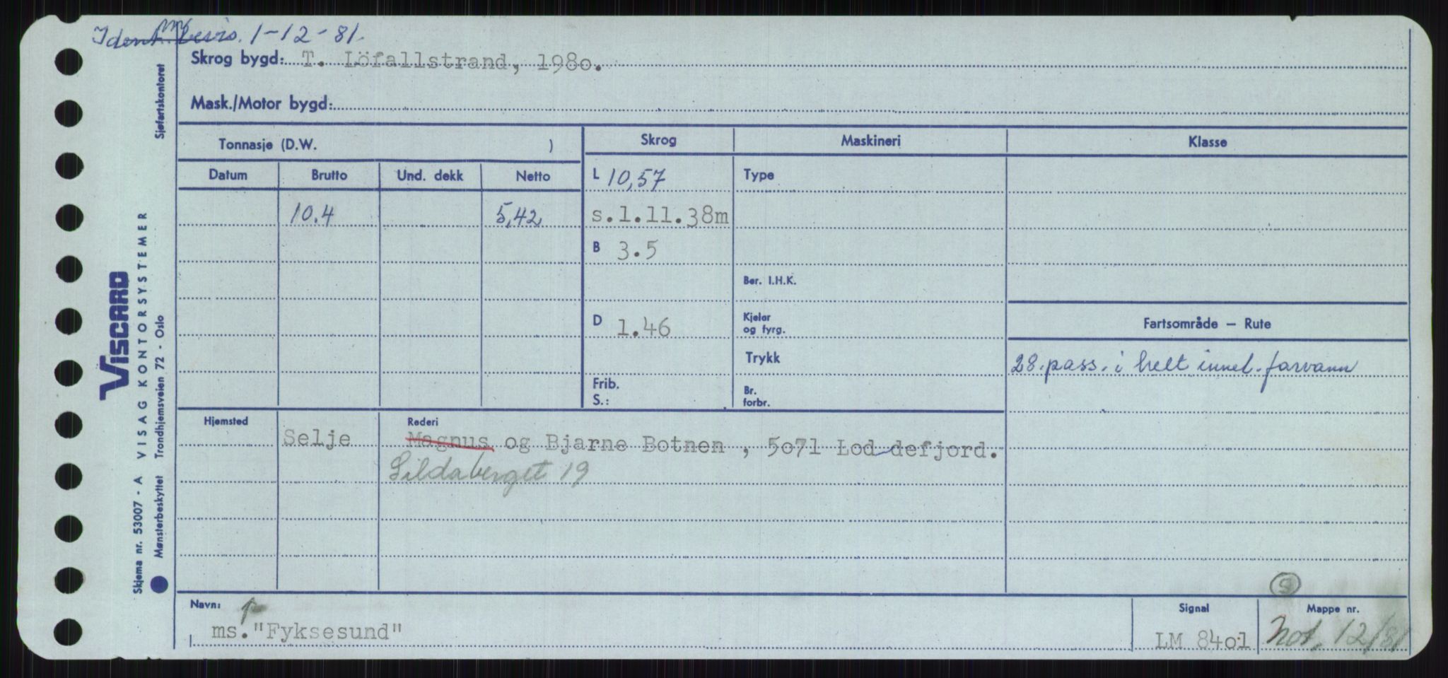 Sjøfartsdirektoratet med forløpere, Skipsmålingen, RA/S-1627/H/Ha/L0002/0001: Fartøy, Eik-Hill / Fartøy, Eik-F, p. 909