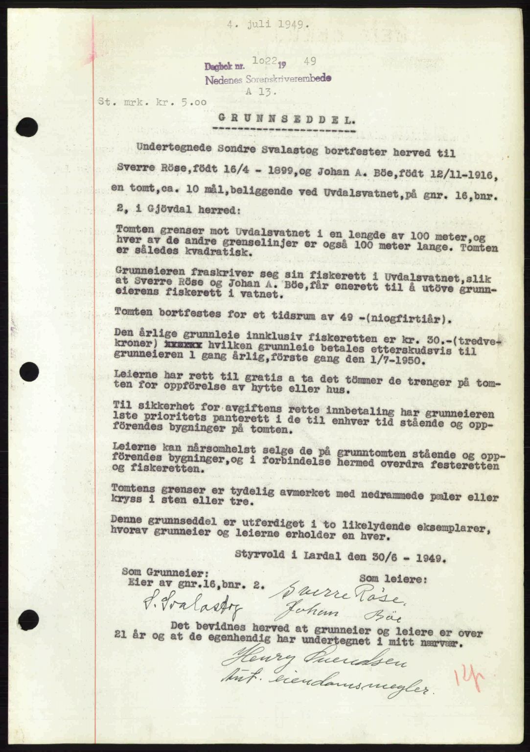 Nedenes sorenskriveri, SAK/1221-0006/G/Gb/Gba/L0061: Mortgage book no. A13, 1949-1949, Diary no: : 1022/1949