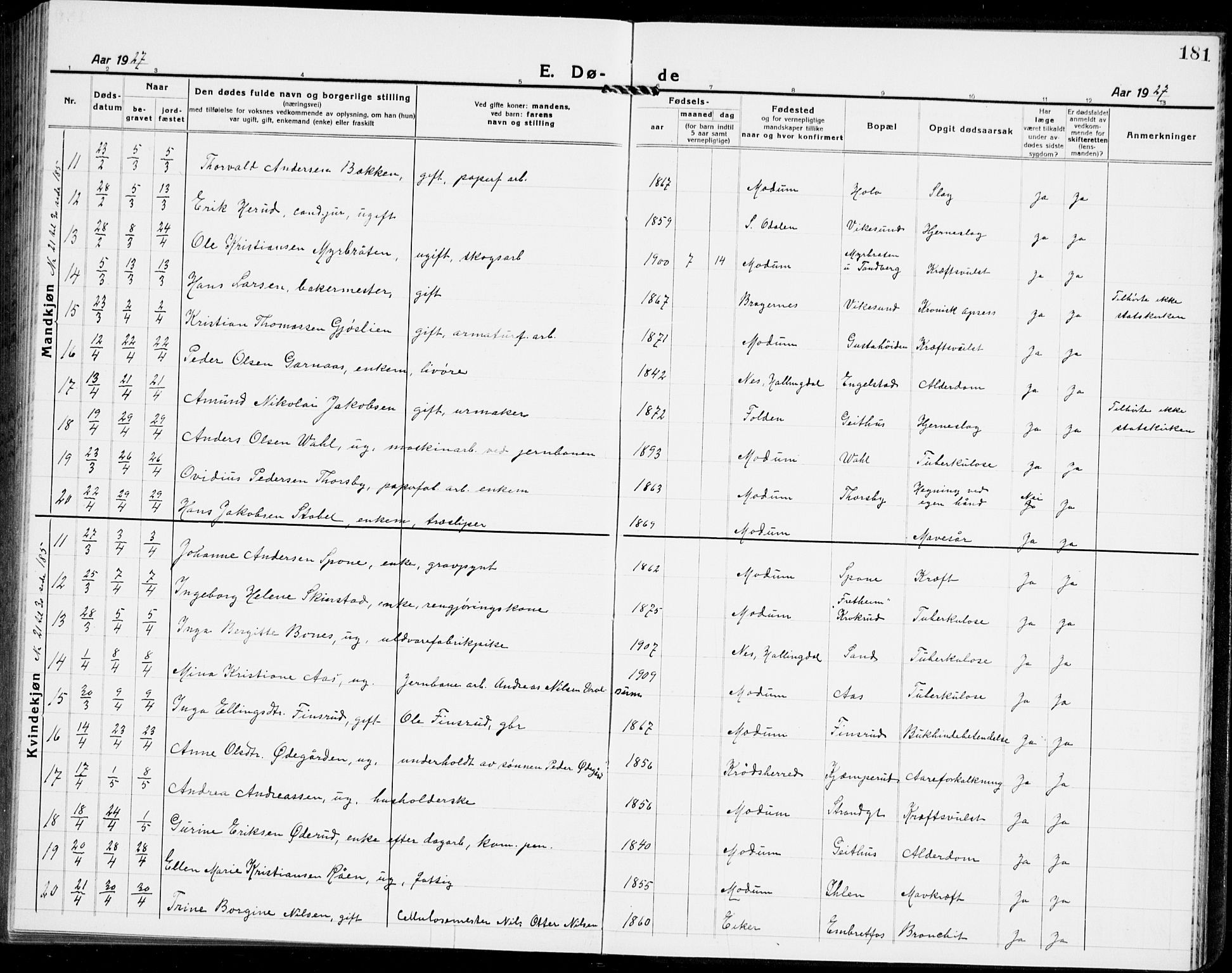 Modum kirkebøker, AV/SAKO-A-234/G/Ga/L0012: Parish register (copy) no. I 12, 1923-1933, p. 181