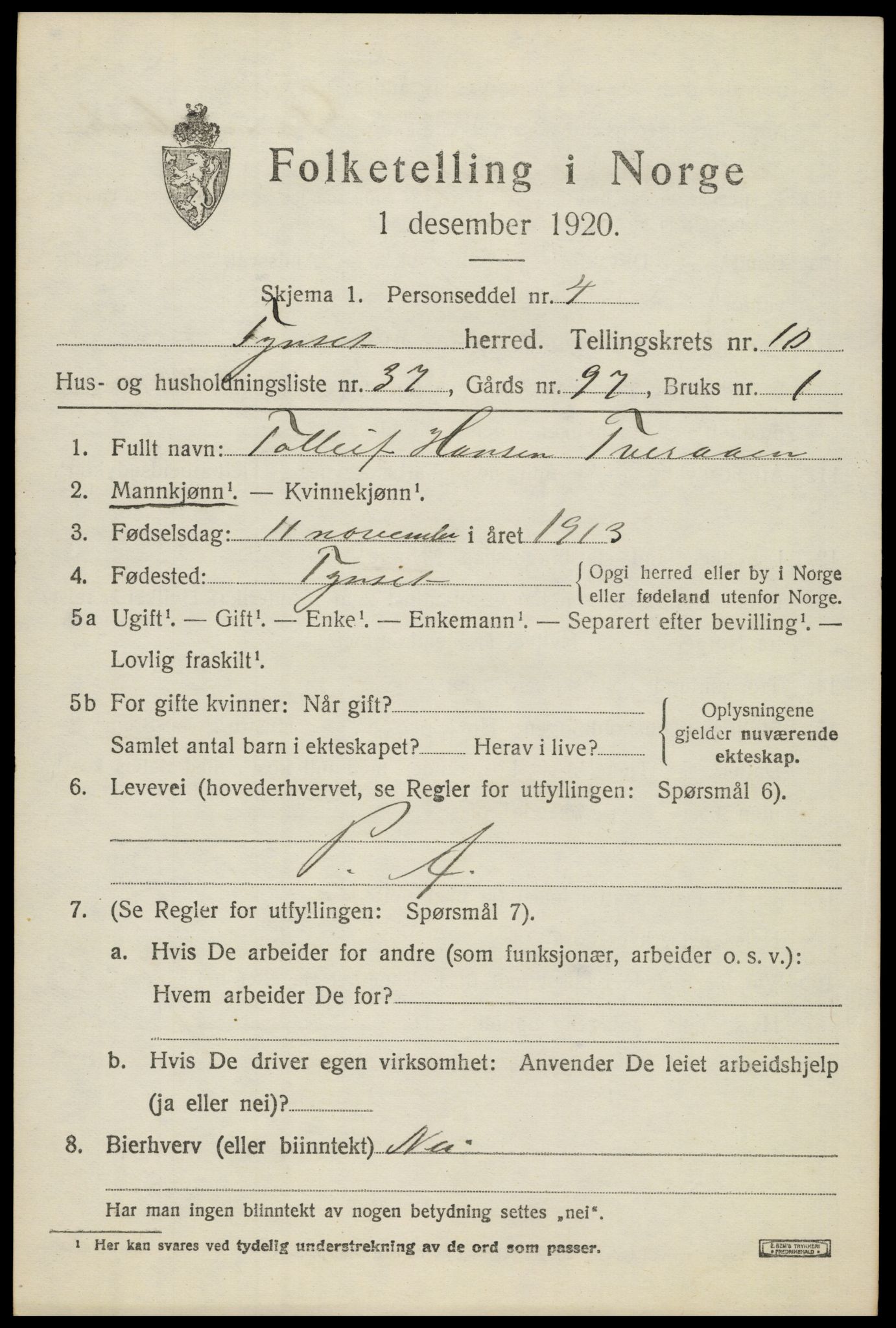 SAH, 1920 census for Tynset, 1920, p. 8006