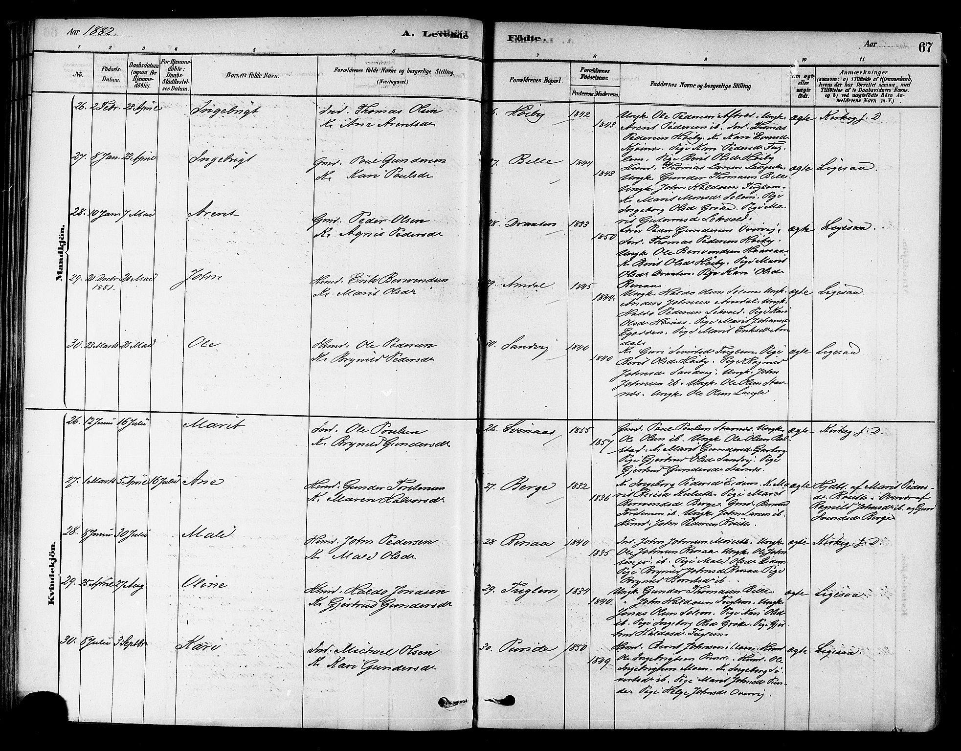 Ministerialprotokoller, klokkerbøker og fødselsregistre - Sør-Trøndelag, AV/SAT-A-1456/695/L1148: Parish register (official) no. 695A08, 1878-1891, p. 67