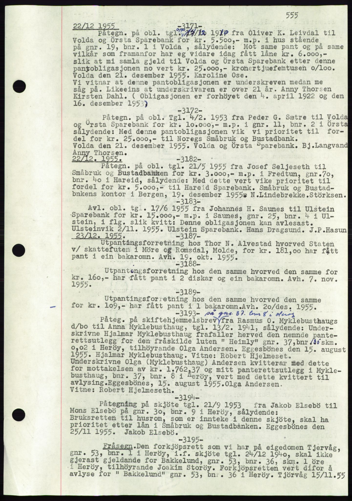 Søre Sunnmøre sorenskriveri, AV/SAT-A-4122/1/2/2C/L0072: Mortgage book no. 66, 1941-1955, Diary no: : 3171/1955