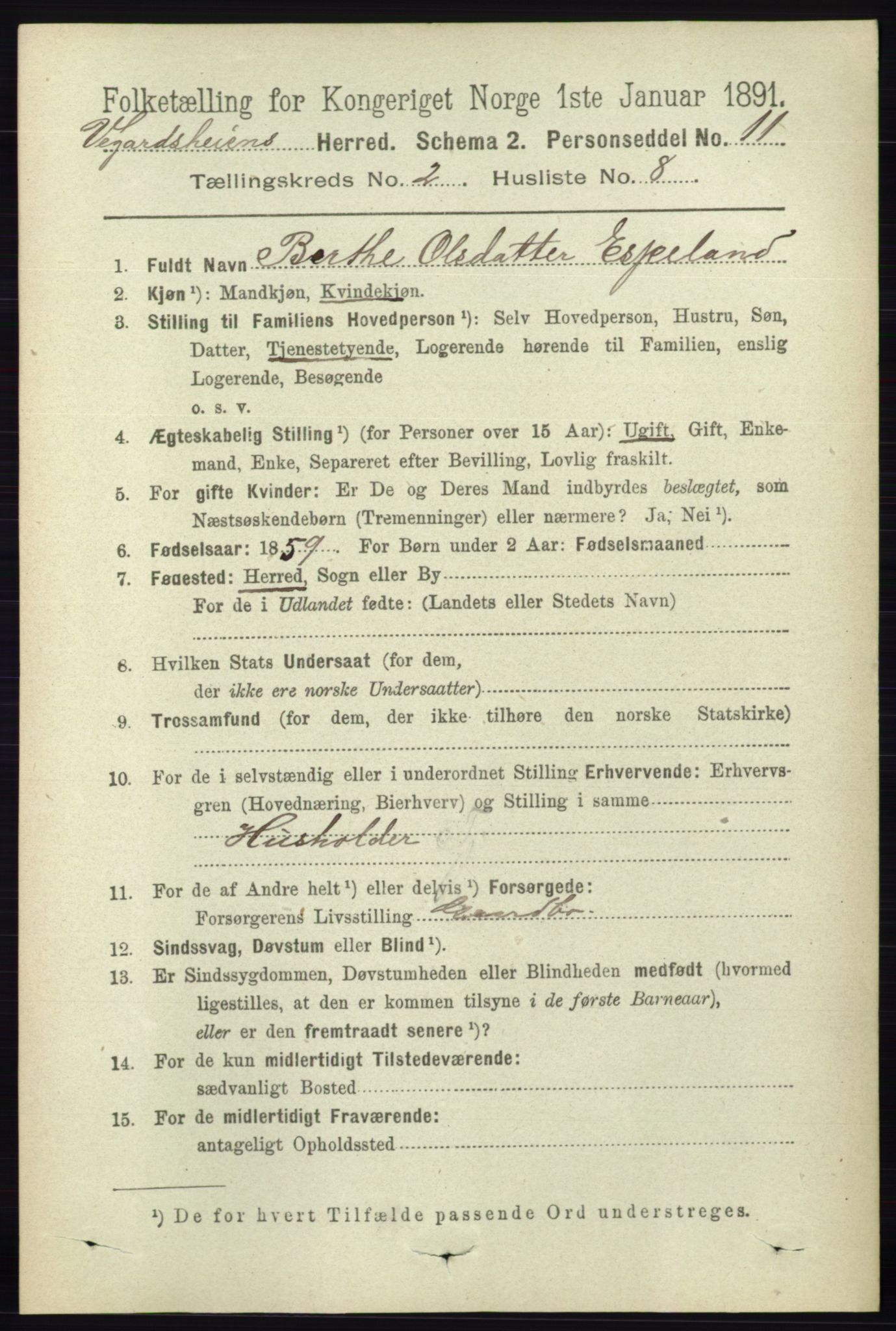 RA, 1891 census for 0912 Vegårshei, 1891, p. 439