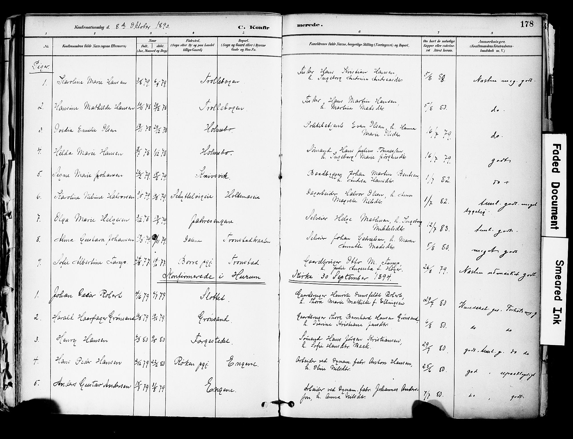 Hurum kirkebøker, SAKO/A-229/F/Fa/L0014: Parish register (official) no. 14, 1882-1895, p. 178