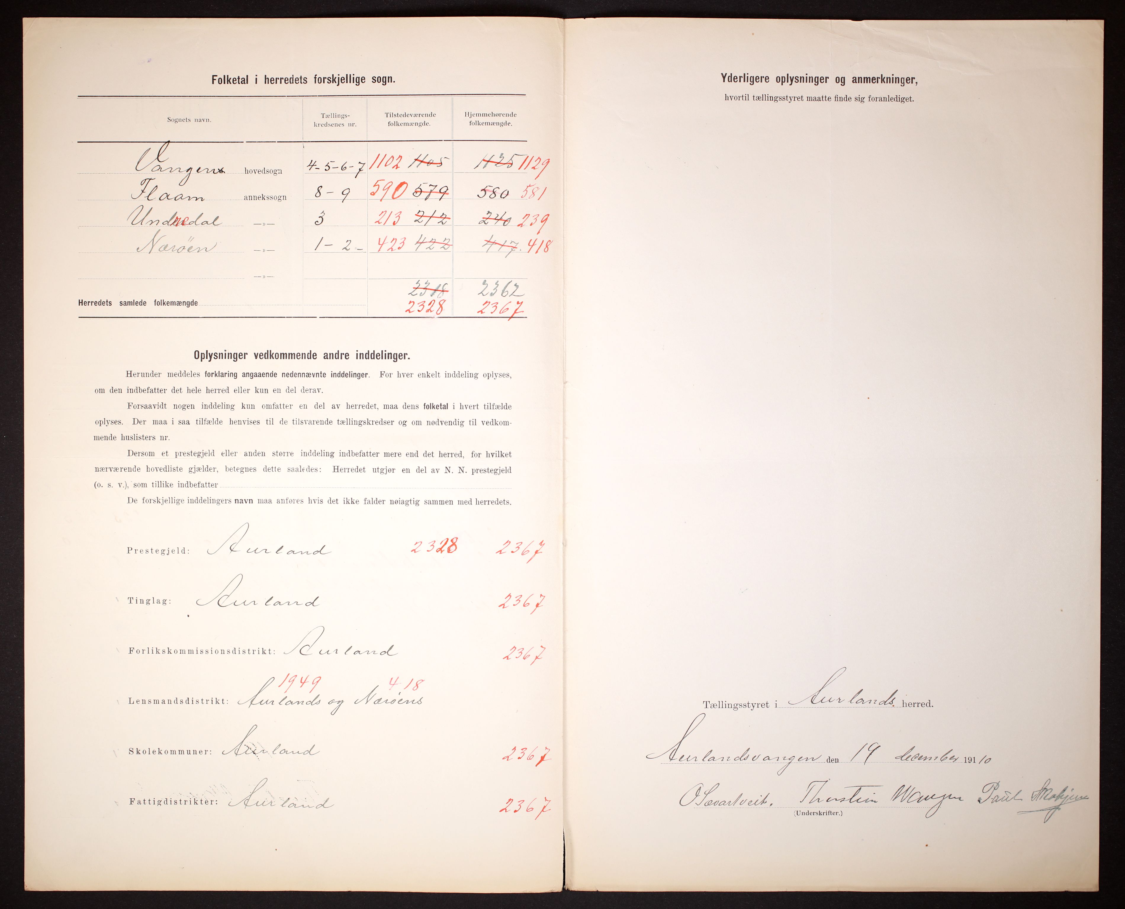 RA, 1910 census for Aurland, 1910, p. 3