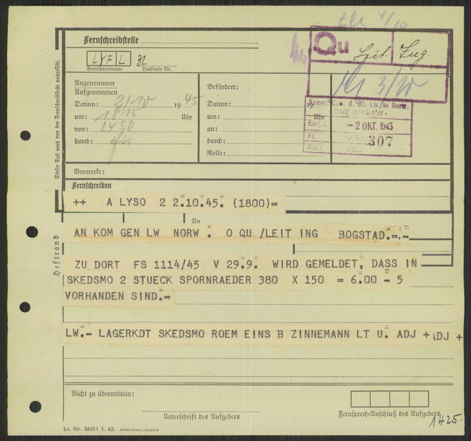 Deutscher Oberbefehlshaber Norwegen (DOBN), AV/RA-RAFA-2197/D/Di/L0066: AOK 20/WBN-DOBN Luftwaffe/Komm G. d.Dt.Lw. in Norwegen, 1945, p. 837