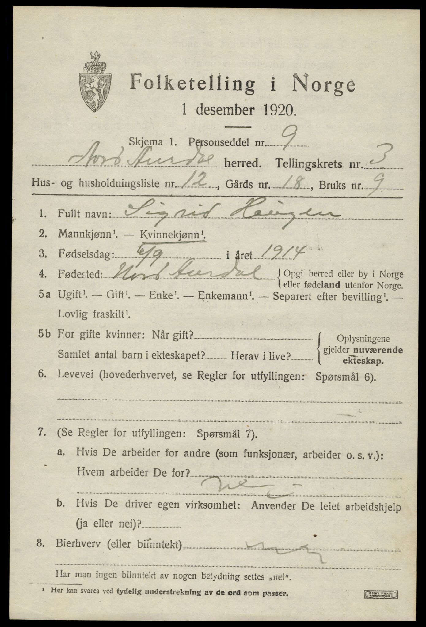 SAH, 1920 census for Nord-Aurdal, 1920, p. 3312