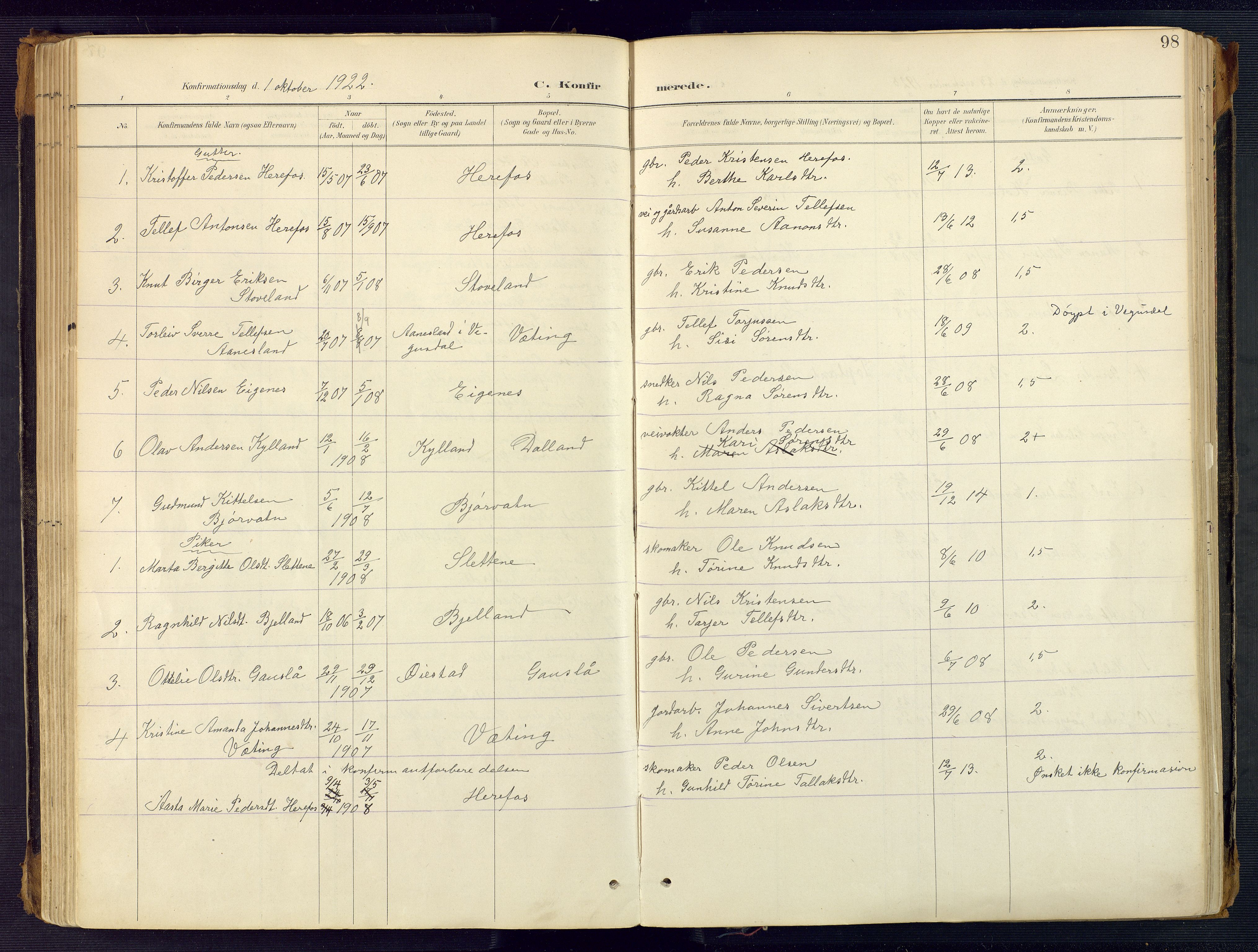 Herefoss sokneprestkontor, SAK/1111-0019/F/Fa/Faa/L0003: Parish register (official) no. A 3, 1887-1930, p. 98