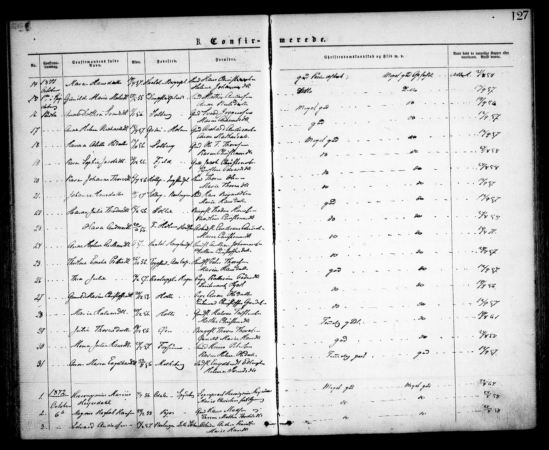 Spydeberg prestekontor Kirkebøker, SAO/A-10924/F/Fa/L0006: Parish register (official) no. I 6, 1863-1874, p. 127