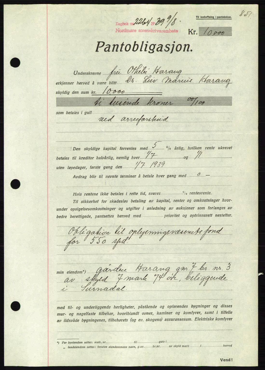 Nordmøre sorenskriveri, AV/SAT-A-4132/1/2/2Ca: Mortgage book no. B85, 1939-1939, Diary no: : 2264/1939