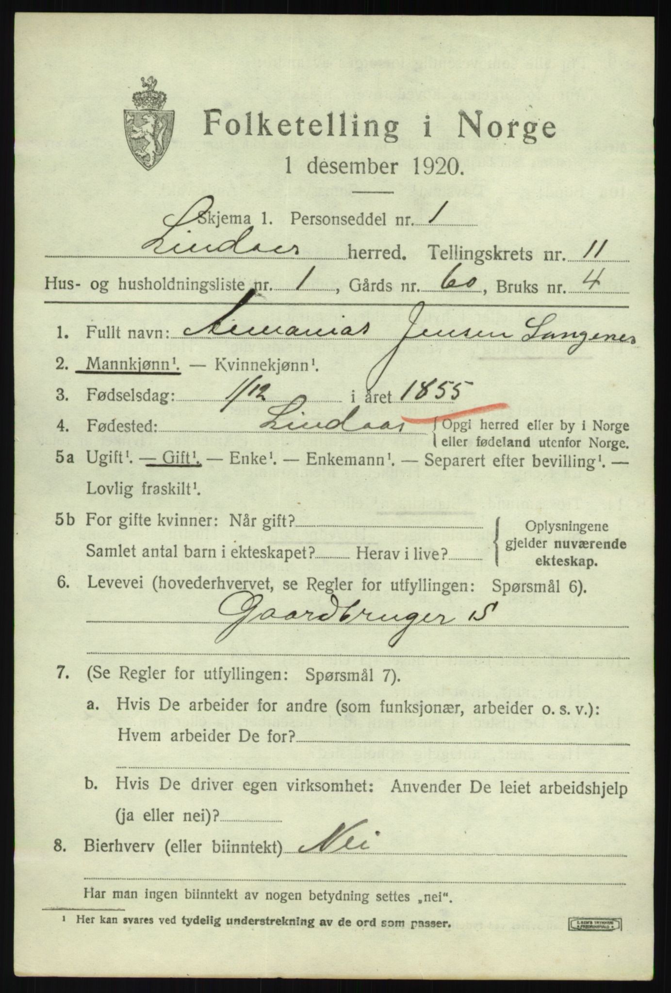 SAB, 1920 census for Lindås, 1920, p. 5603