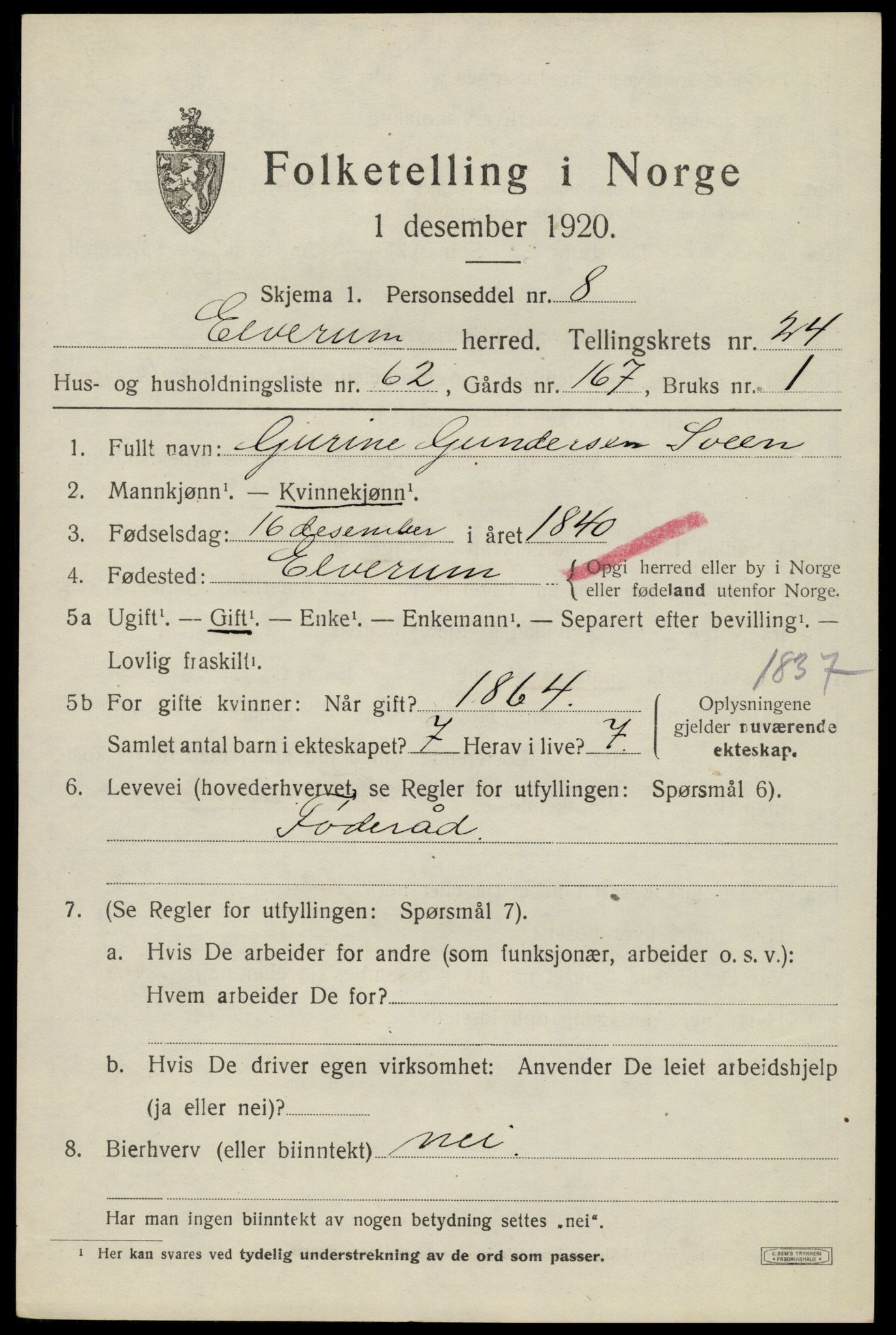 SAH, 1920 census for Elverum, 1920, p. 26222