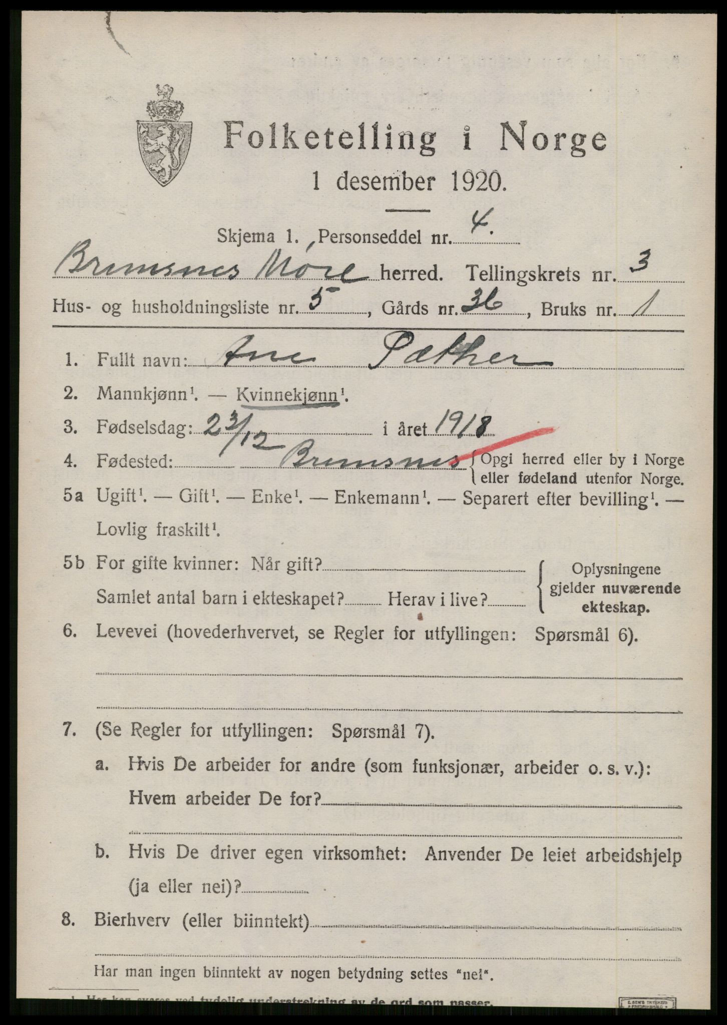 SAT, 1920 census for Bremsnes, 1920, p. 3469