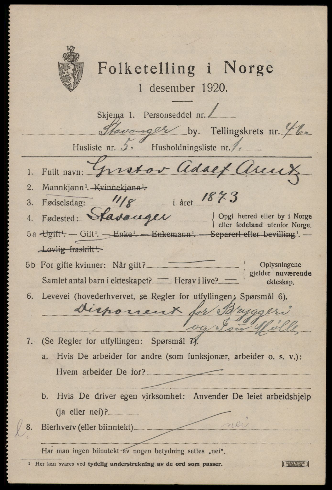 SAST, 1920 census for Stavanger, 1920, p. 112410