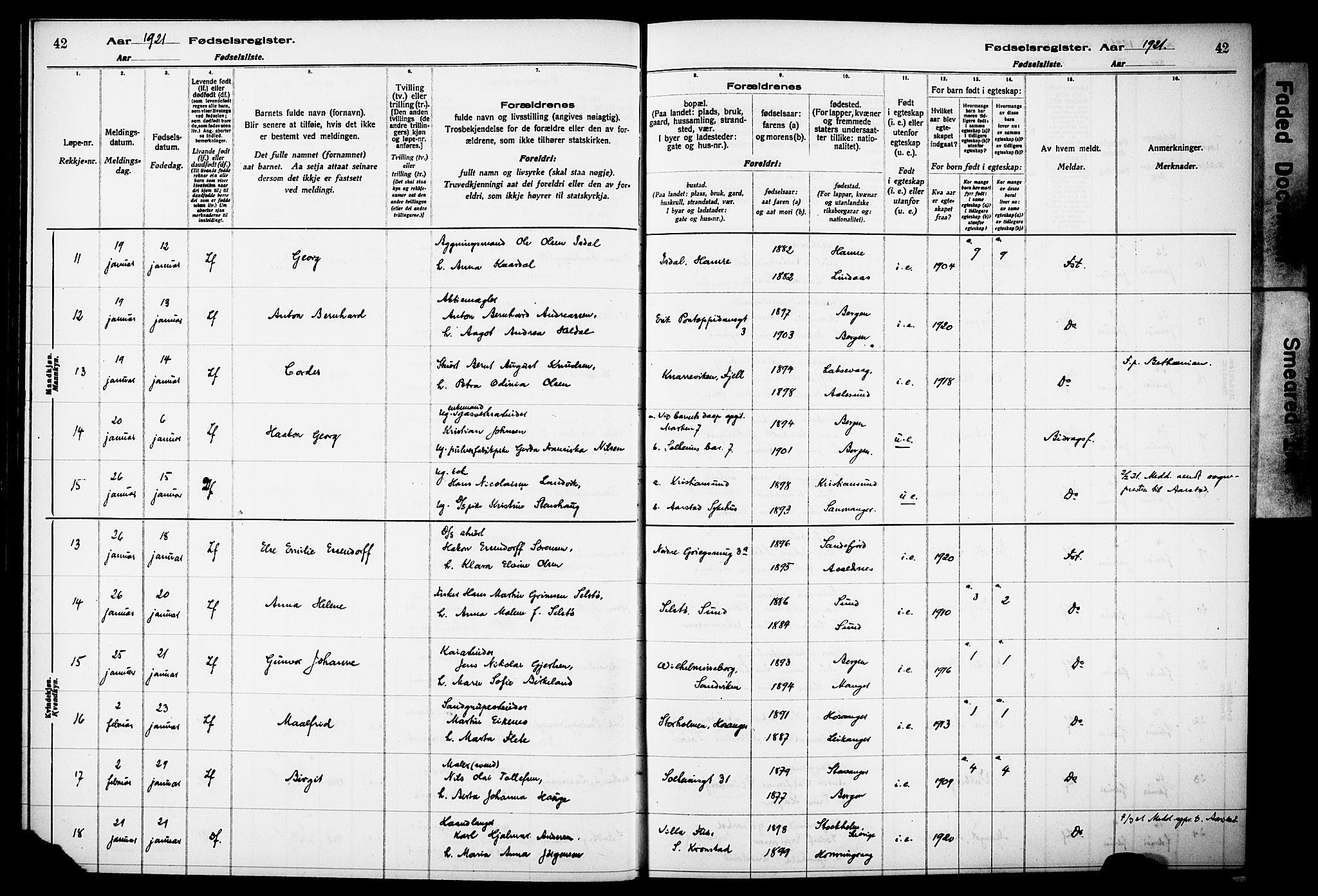 Kvinneklinikken, AV/SAB-A-76301/F/L0A02: Birth register no. A 2, 1920-1924, p. 42