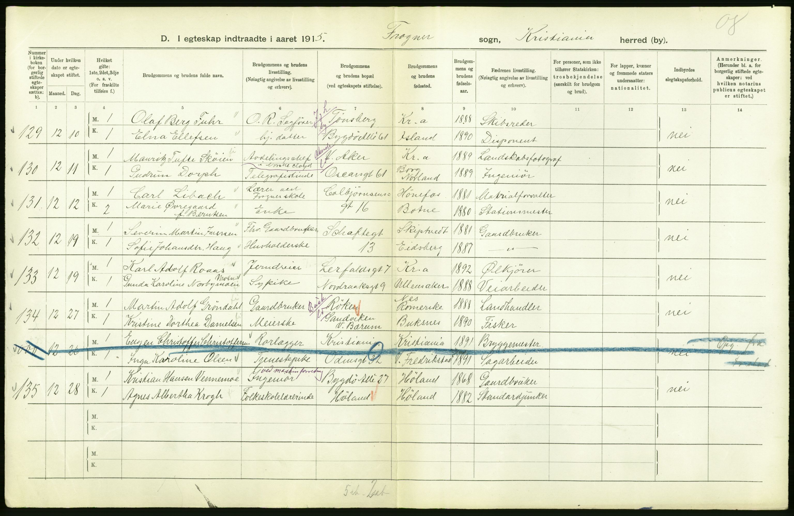 Statistisk sentralbyrå, Sosiodemografiske emner, Befolkning, RA/S-2228/D/Df/Dfb/Dfbe/L0008: Kristiania: Gifte., 1915, p. 254