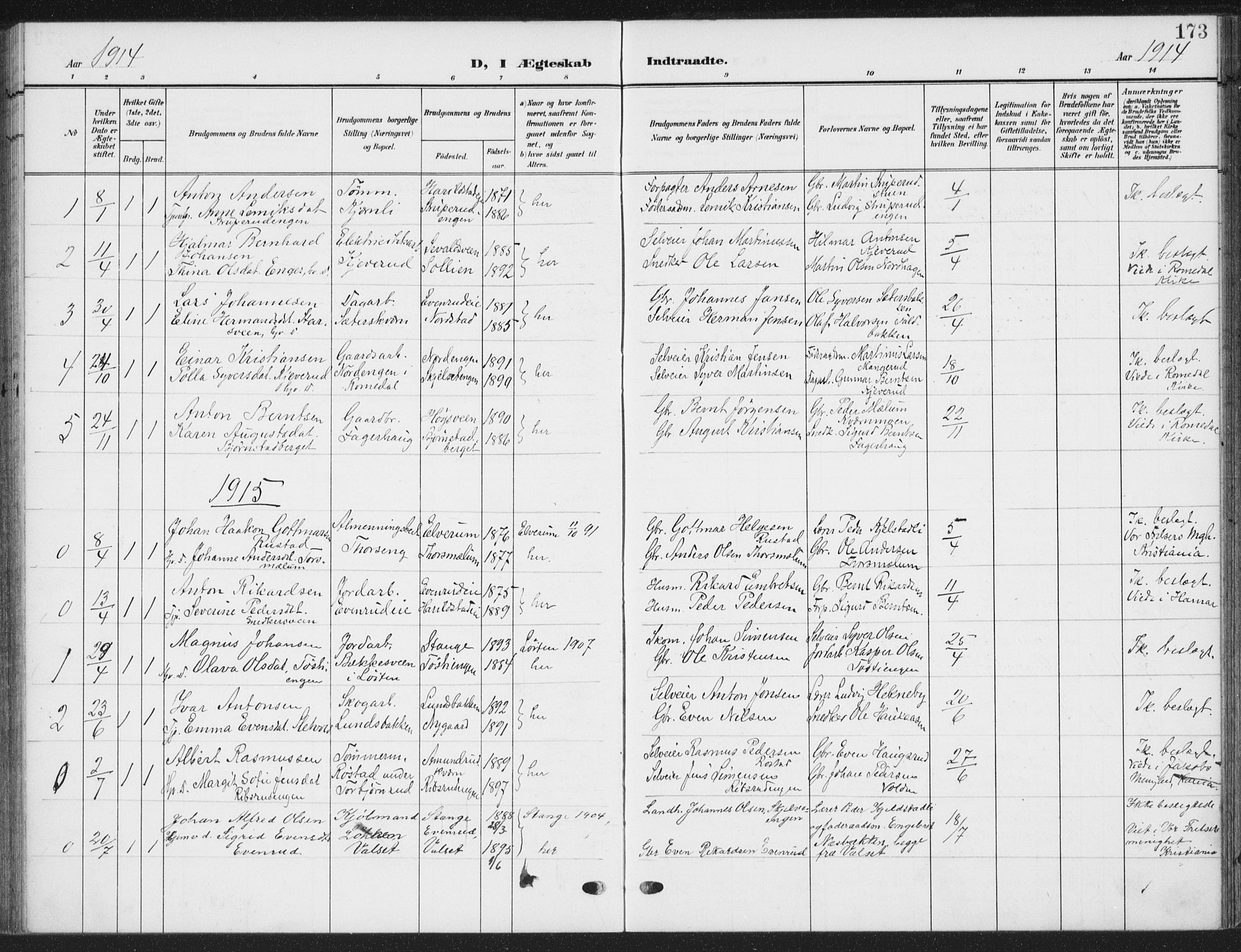 Romedal prestekontor, AV/SAH-PREST-004/K/L0009: Parish register (official) no. 9, 1906-1929, p. 173