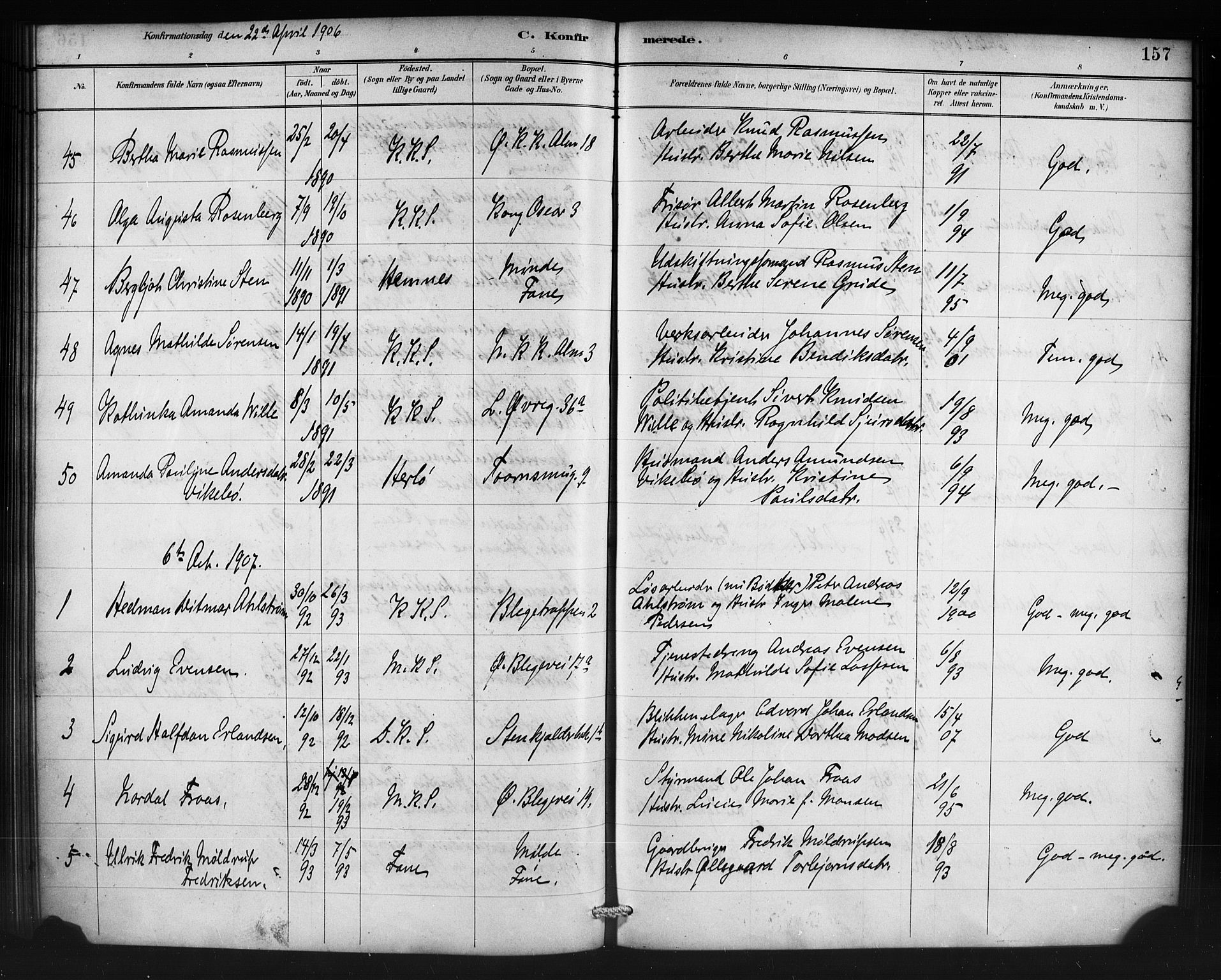 Korskirken sokneprestembete, SAB/A-76101/H/Haa/L0071: Curate's parish register no. A 6, 1885-1912, p. 157